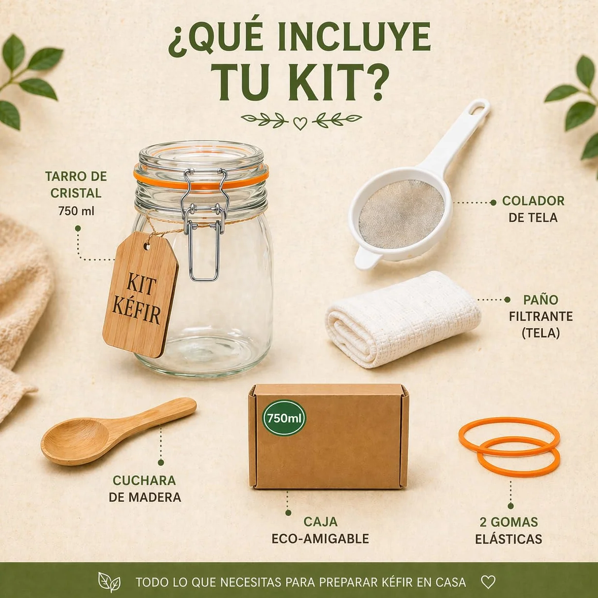 Kit kefir casero - MAGIC RAINBOW - Tarro de cristal con tapa 750 ml colador plástico cuchara madera paño textil y caja de inicio para preparación doméstica - Sin kéfir incluido