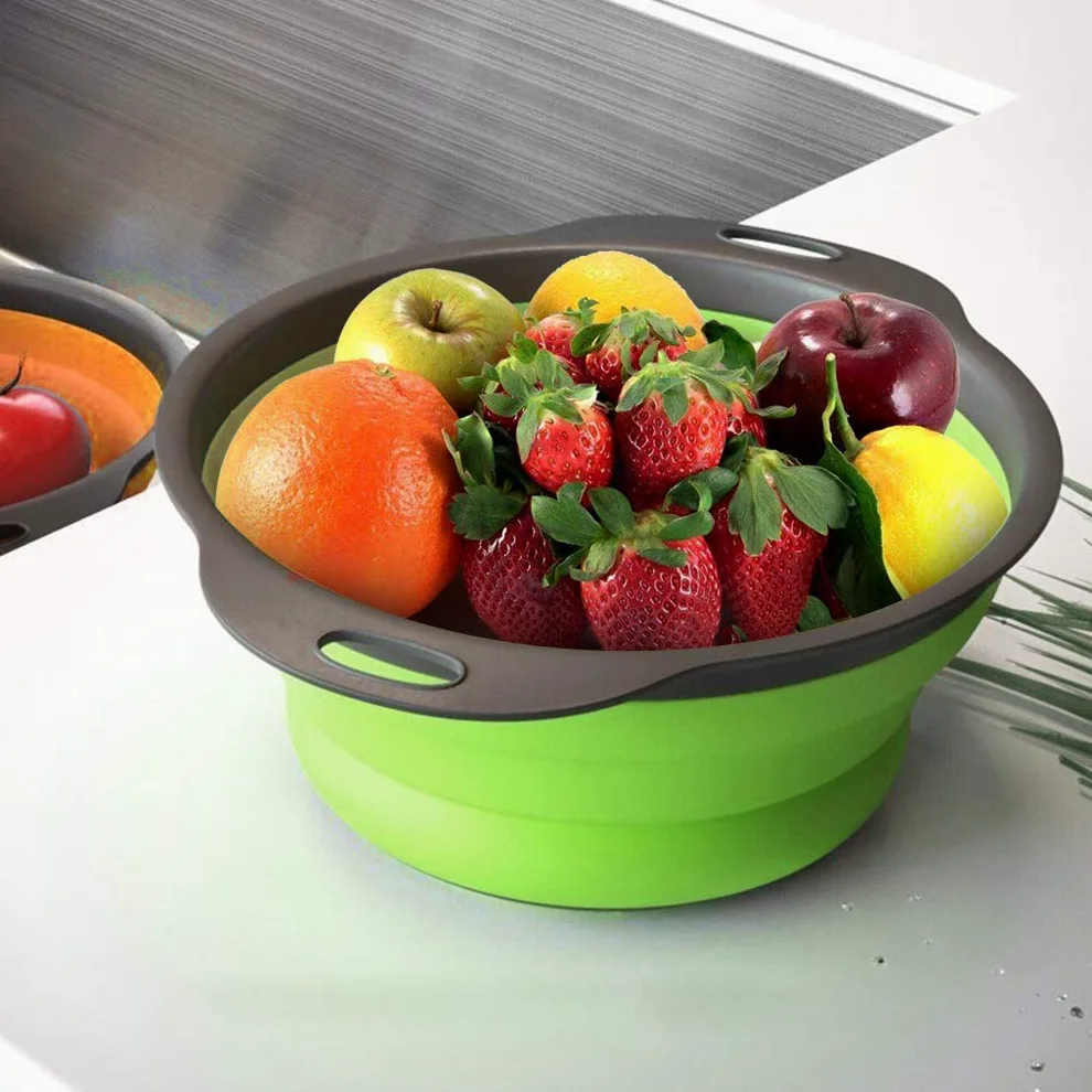 QiMH Juego de 3-2 coladores plegables de 4 cuartos y 1 colador de 6 cuartos de galón sobre el fregadero, base de plástico resistente de grado alimenticio, colador de alimentos plegable de silicona