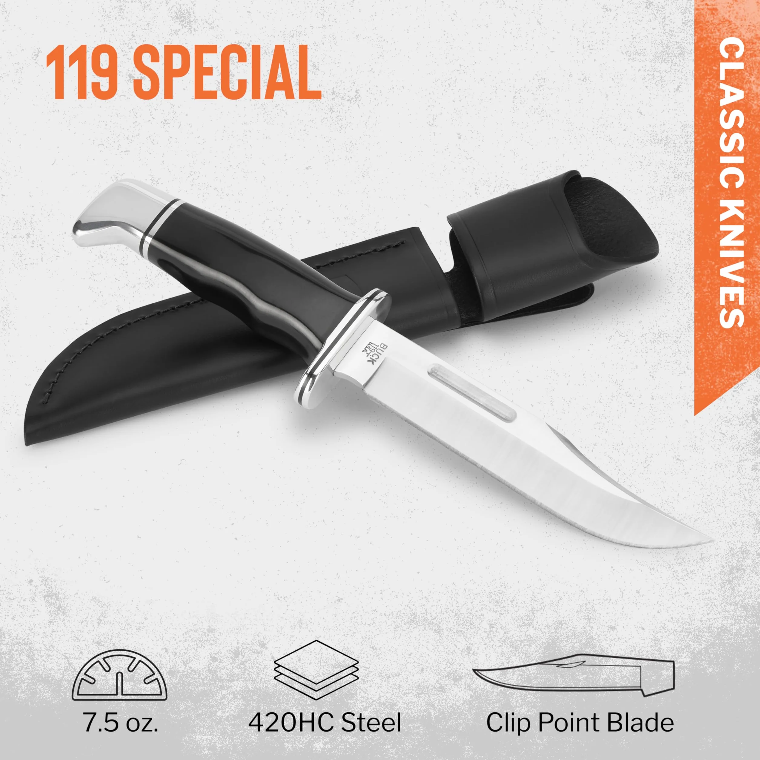 Buck BU119 Cuchillo de caza, hoja de acero, funda de cuero