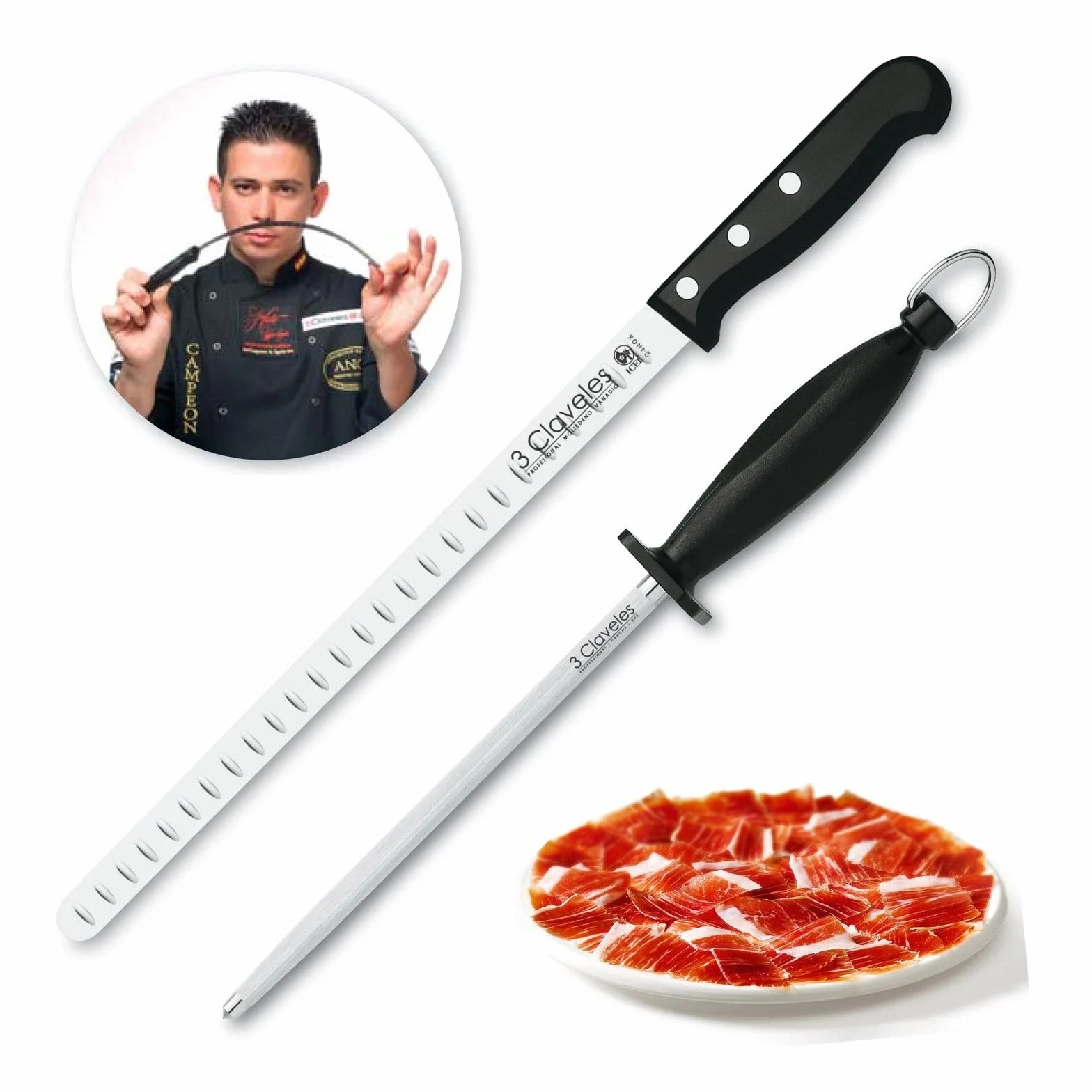 3 Claveles 00966 - Juego de cuchillos para rebanar de filo hueco y acero para afilar, 29 cm, Negro