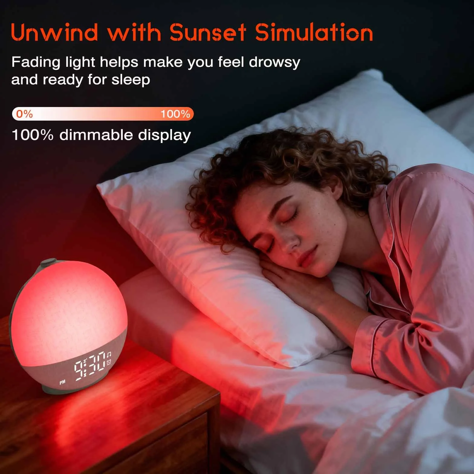 Reloj Despertador con Simulación de Amanecer, Despertador con Lámpara LED de Noche, 30 Efectos de Sonido Que Ayudan a Dormir, Función Temporizador y Snooze