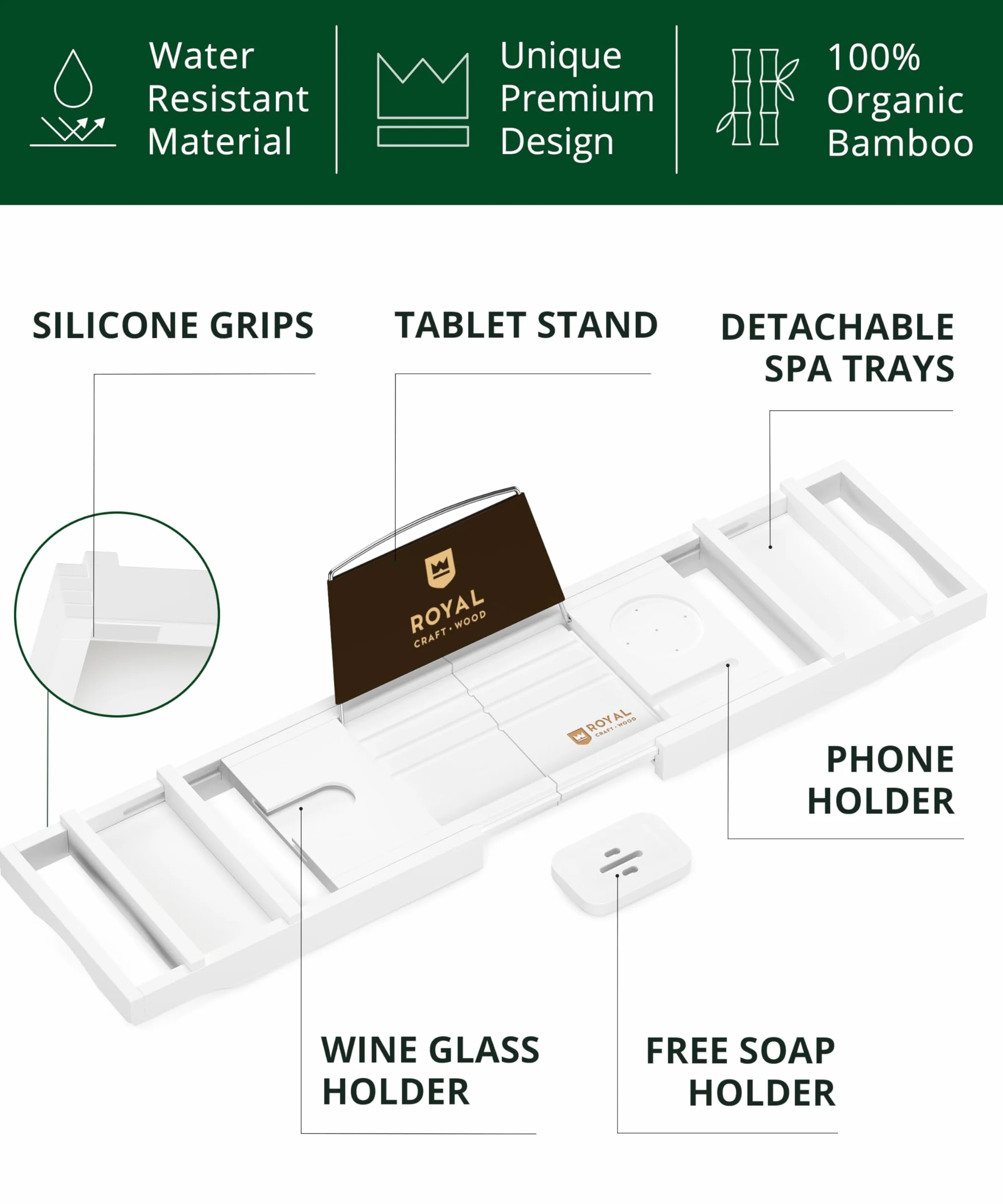 Royal Craft Wood Bandeja de Lujo para bañera, Bandeja de baño y Cama para 1 o 2 Personas, Bandeja de Mesa de bañera con Lados Extensibles, Bandeja organizadora Ajustable para baño, jabonera Gratis