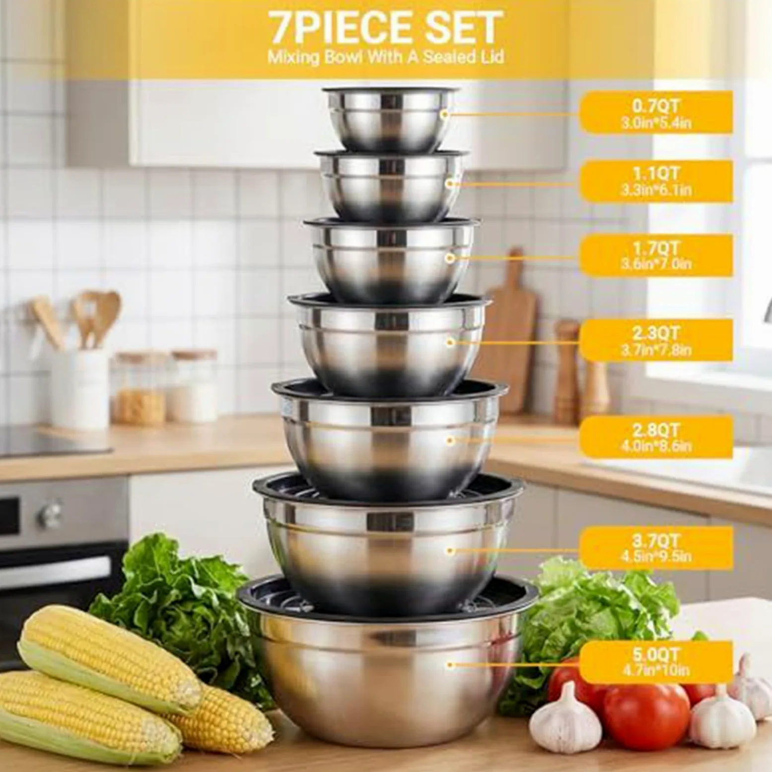 Boles de Mezcla de Acero 7 Piezas De Acero Anidables Redondos | Bols Para Ensalada Y Mezclas Para Salsas Snacks Huevos Condimentos Verduras Frutas