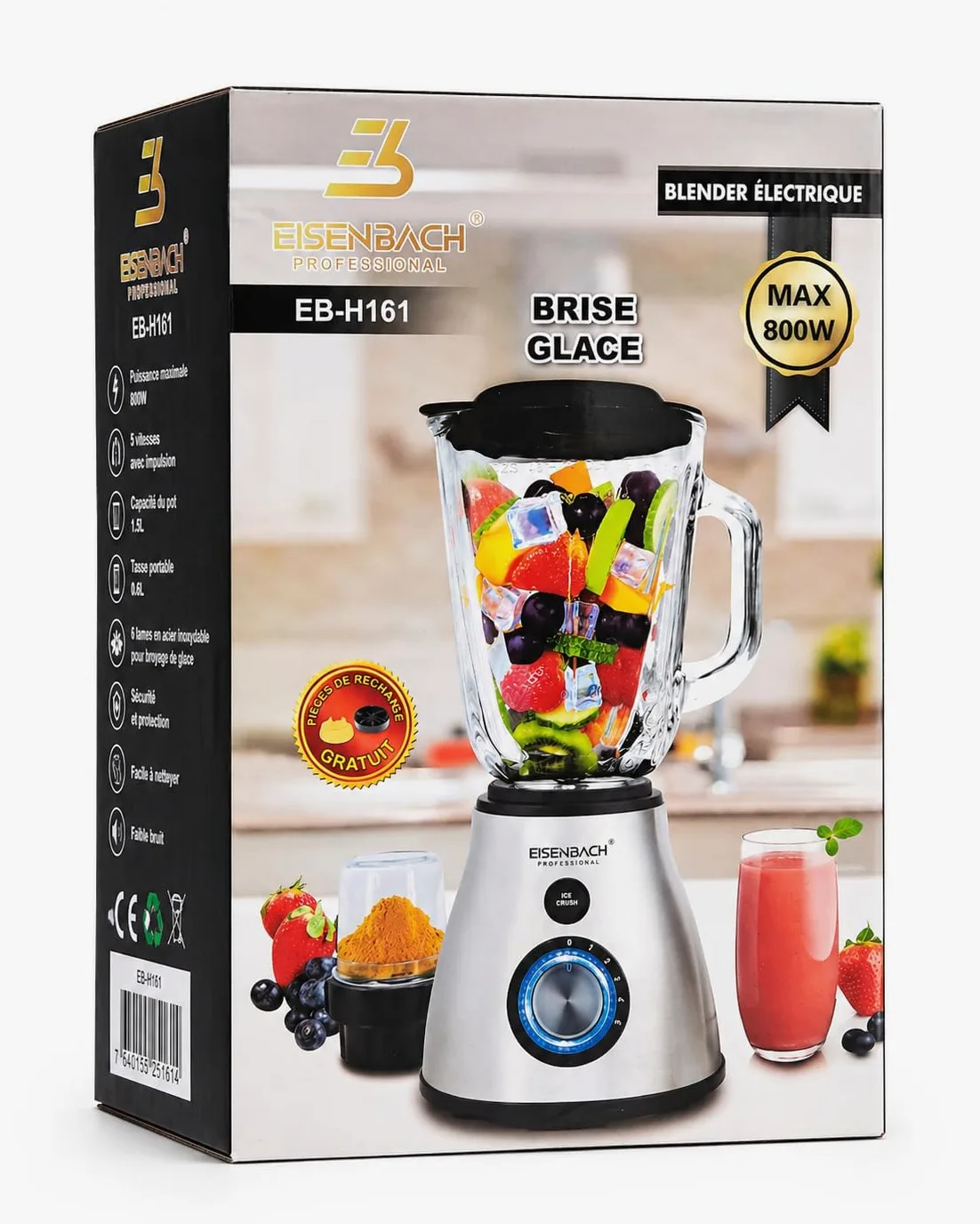 Licuadora Eléctrica Profesional 3 en 1 800W, Vaso de Vidrio 1.5L, Molinillo para Café y Especias, Botella Portátil 600 ml, 5 Velocidades + Función Ice Crush, 220-240V 50/60Hz