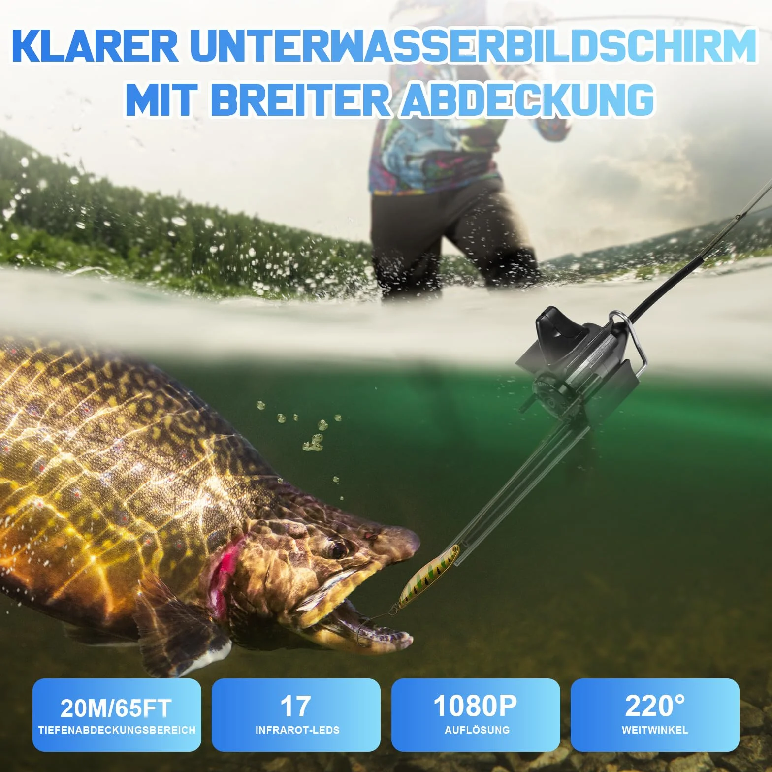 Cámara de pesca submarina 1080P 5 pulgadas IP68 6000 mAh 220° gran angular 20 m cable 17 LED IR