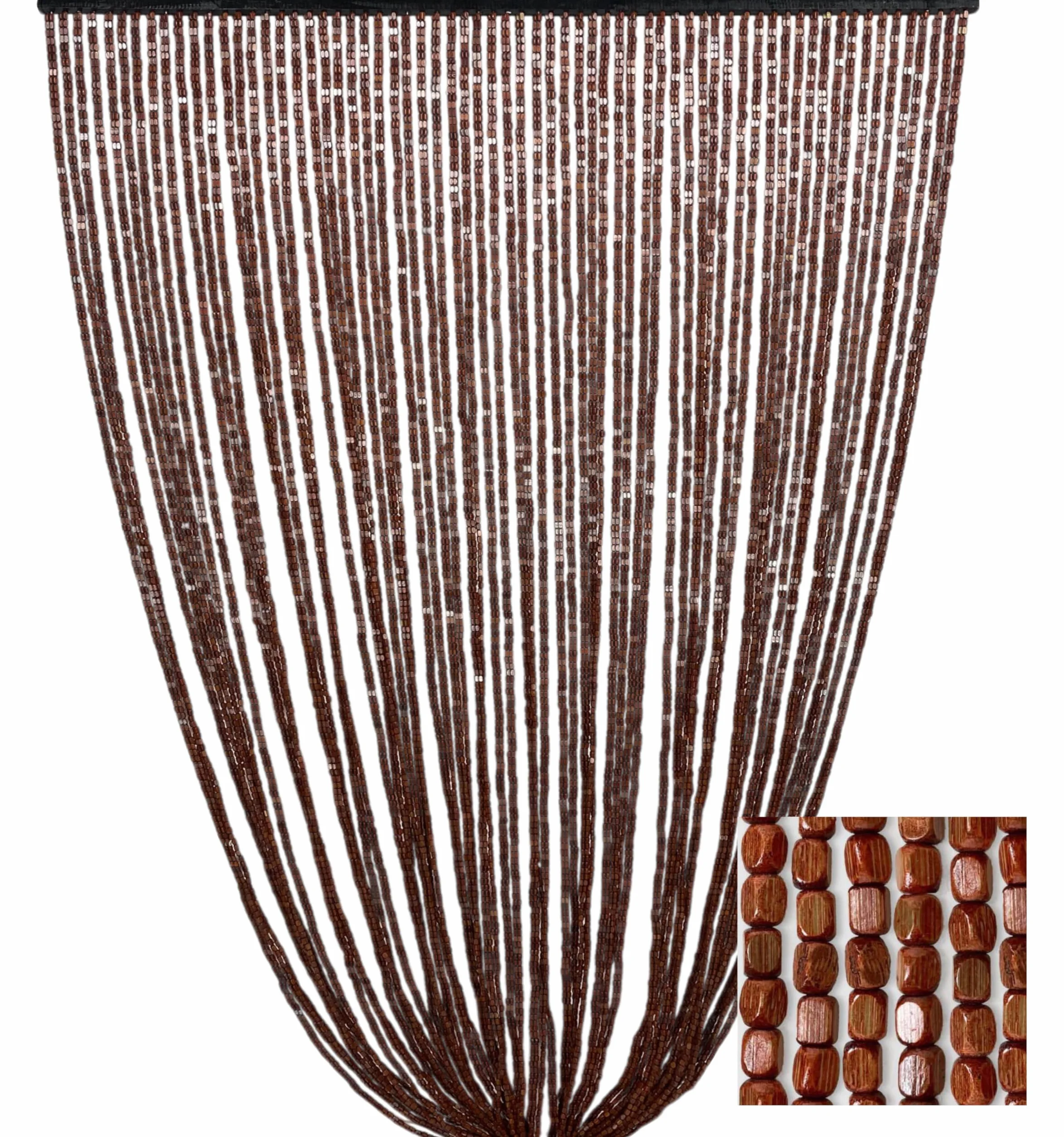 Tex Family - Cortina de perlas de madera marrón hecha a mano - Hilos de bambú 100% natural - Barra negra - Uso interior - Decoración de puerta - 100x220 cm / 39,37x86,61 pulgadas