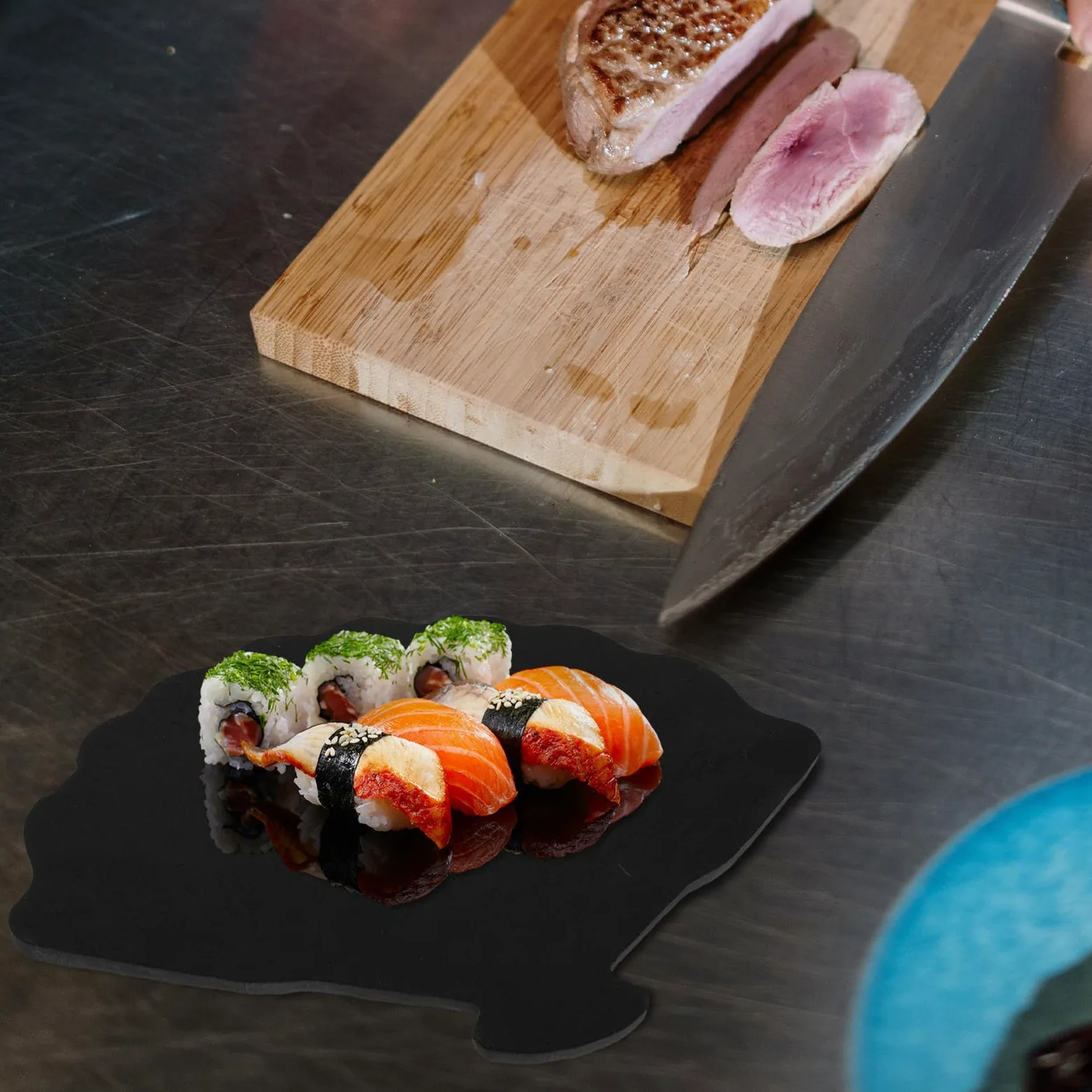 Plato Abanico para Sushi y Bistec de Pizarra Negra, Fácil de Limpiar | Restaurante Occidental y Postres, Diseño Seguro y Saludable, Uso Doméstico, Acabado Negro