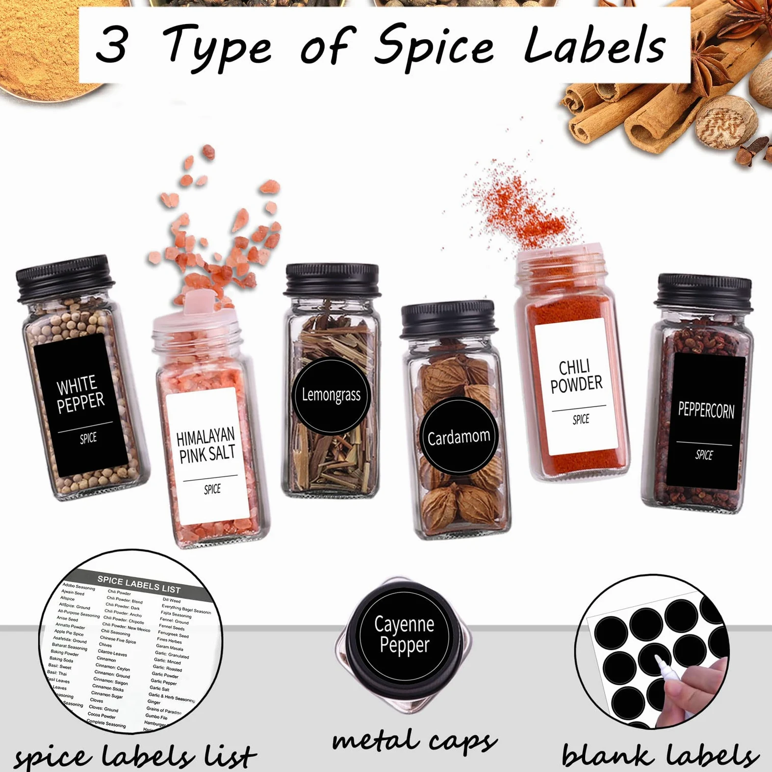 48 tarros de especias con 547 etiquetas: tarros de especias de vidrio con tapas de metal negro, recipientes vacíos de especias de 4 onzas con tapas de coctelera, embudo, bolígrafo de tiza, botellas de