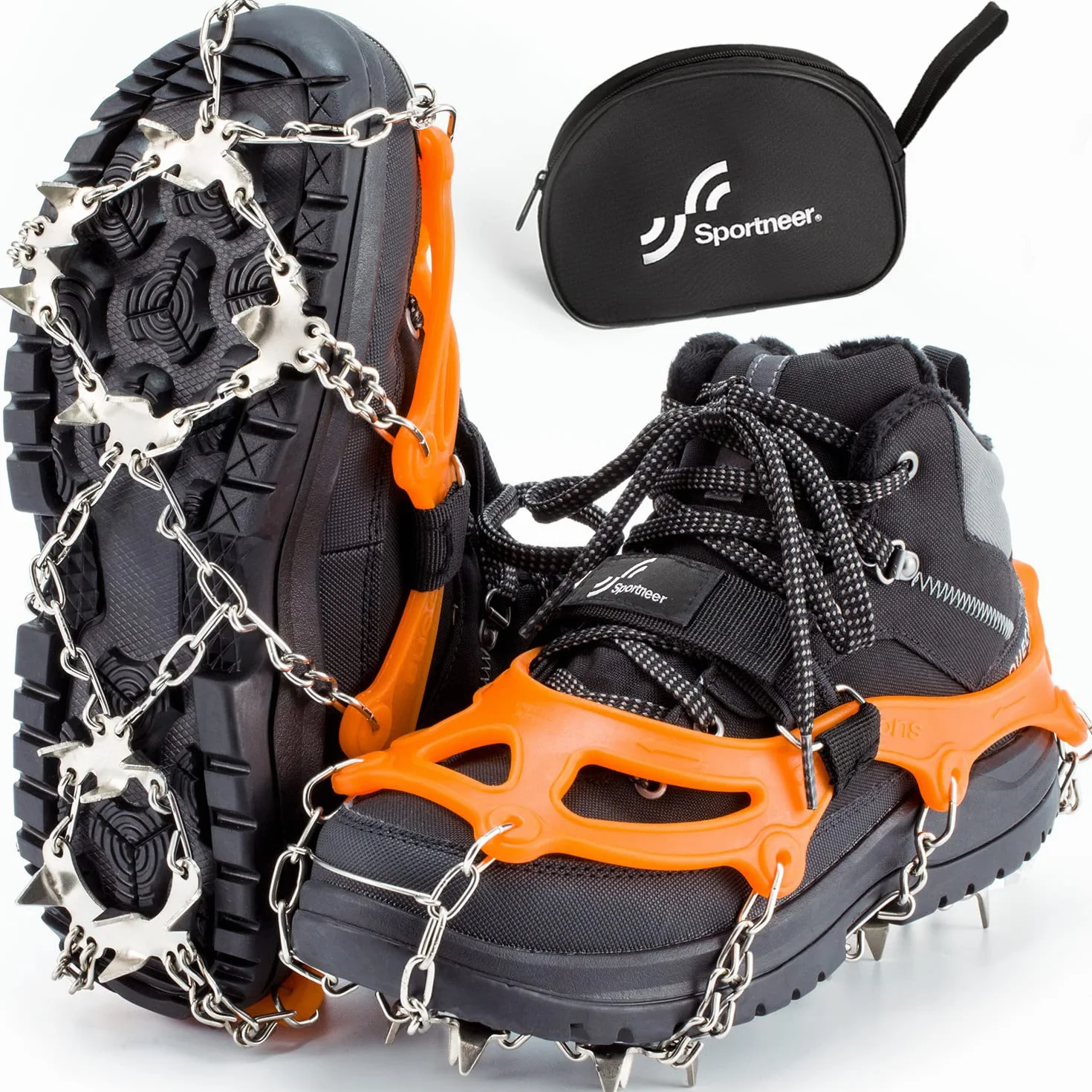 Sportneer Crampones 19 Dientes Tacos de Tracción Nieve y Hielo para Montañismo Escalada Caminar Alpinismo, Naranja, L
