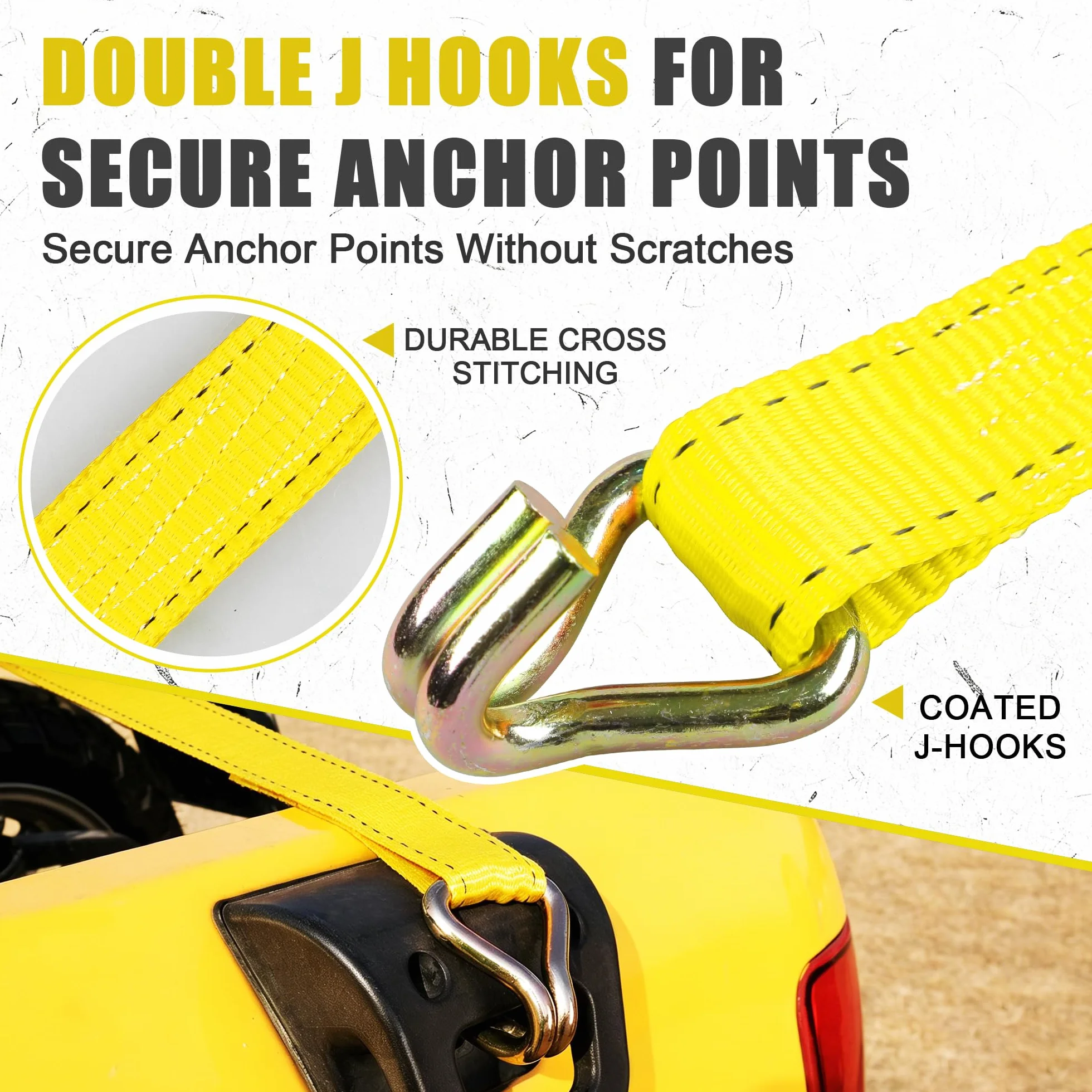 AWELCRAFT 4500 Lbs 1.5 x 15 Ft Ratchet Straps with Double J Hooks Soft Loops