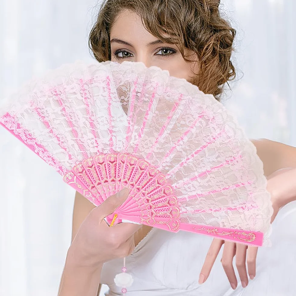 CREATCABIN Abanico Plegable Bordado Rosa Lolita 247x455x20mm para Baile Fiestas