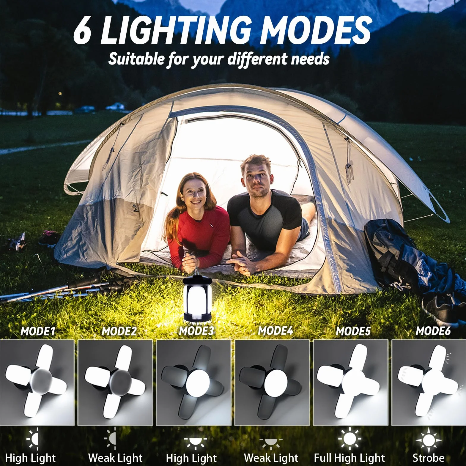 Lámpara Camping Recargable LED 3600mAh 6 Modos Iluminación Portátil Resistente al Agua