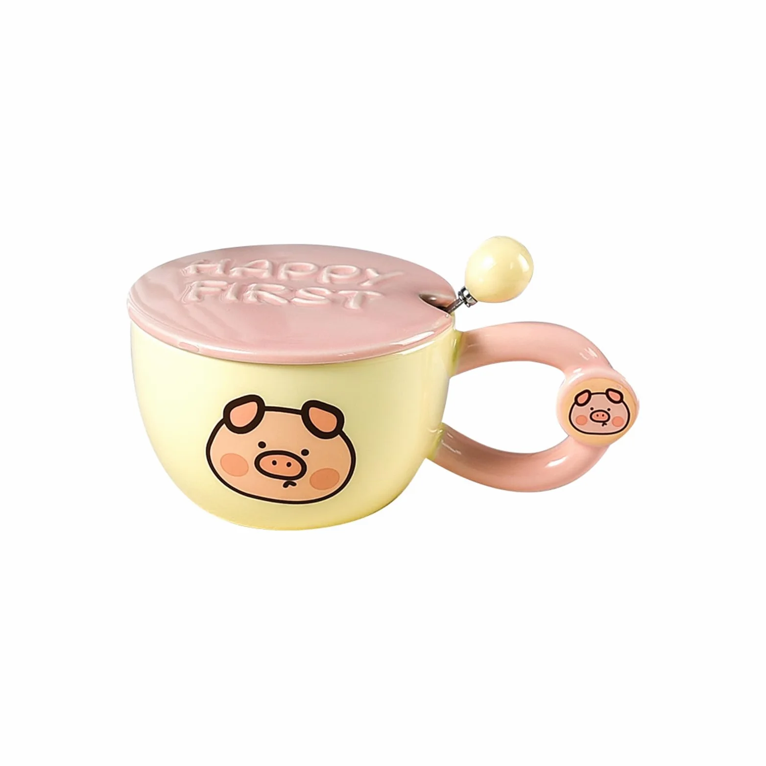 Taza de desayuno de 400 ml con cuchara de boca ancha para parejas, cerdo, 400 ml