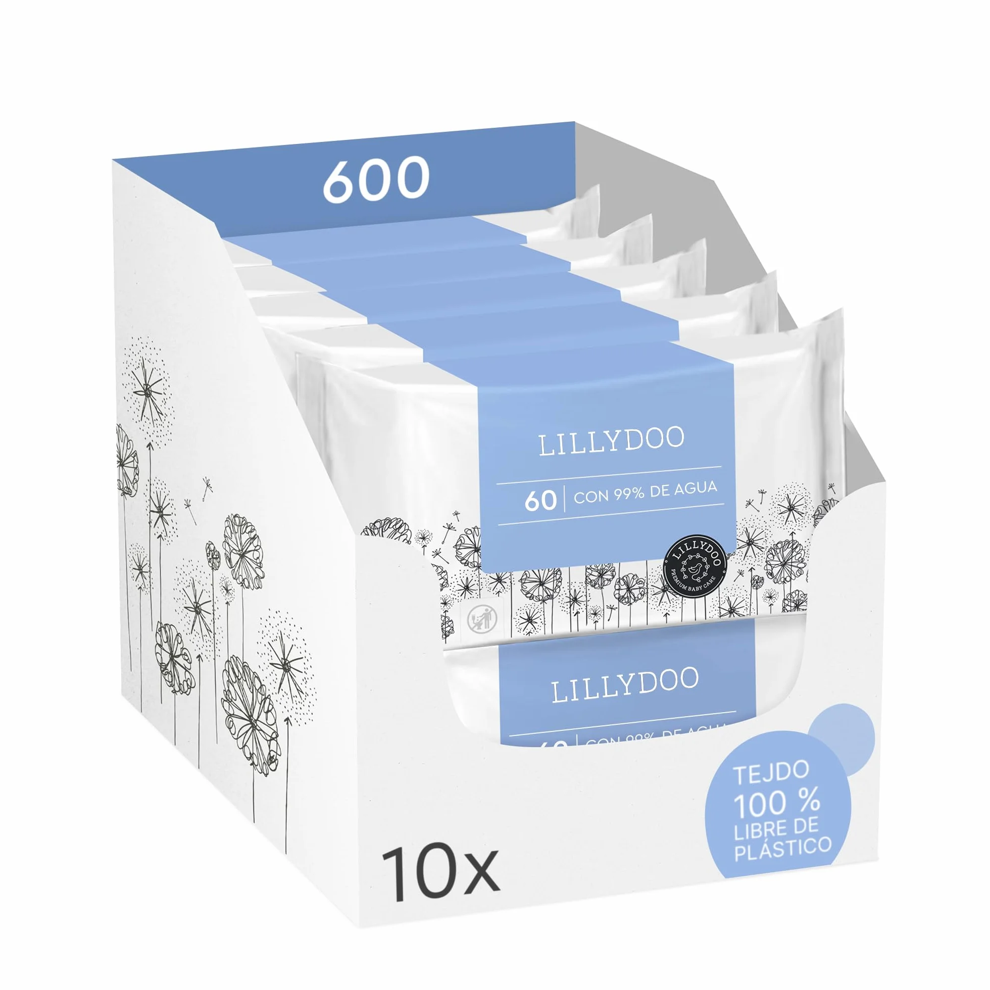 Toallitas húmedas para bebés LILLYDOO 99% agua 10 paquetes 60 (600 unidades) libres de plástico sin perfumes