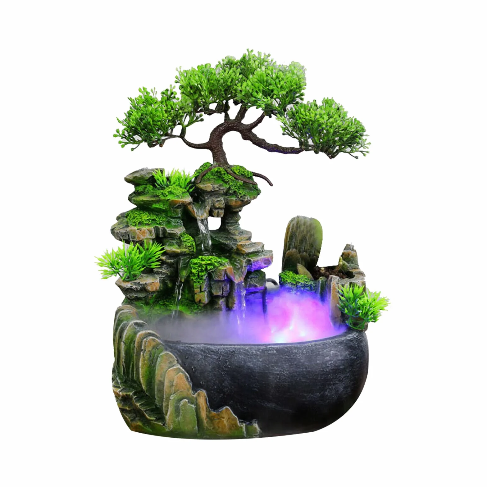 Fuente de interior con iluminación LED, fuente de planta verde, fuente de jardín, fuente decorativa, fuente de mesa, cascada con niebla, 28 x 15 x 20 cm