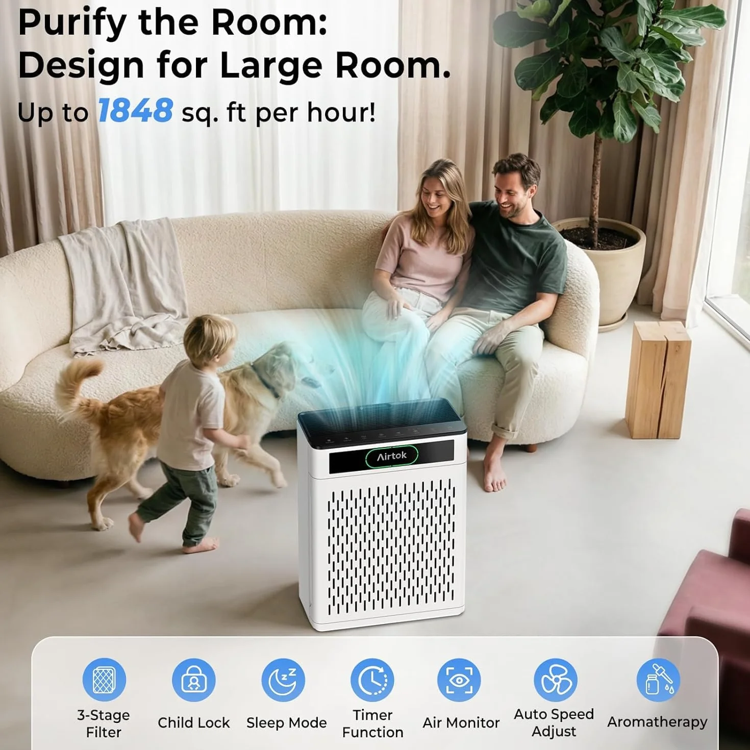 AIRTOK Purificador de Aire, Cubre Hasta 170m², Filtro HEPA Para Alergias, Humo, Caspa De Mascotas y Olores, con Filtro lavable, Modo de sueño, Monitor de calidad de aire PM 2.5, Aromaterapia