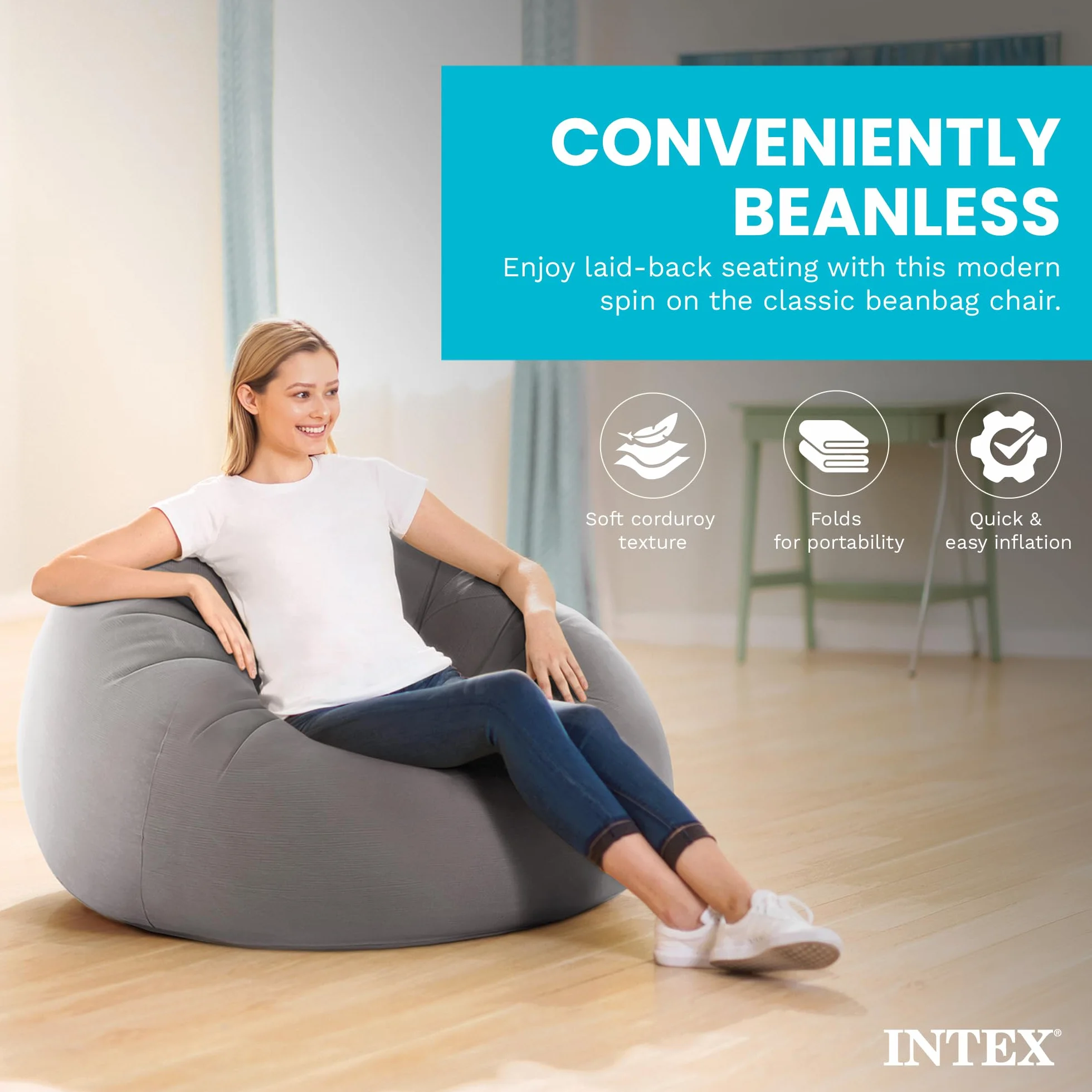 Intex Beanless Bag Inflatable Chair, 42" X 41" X 27", Beige