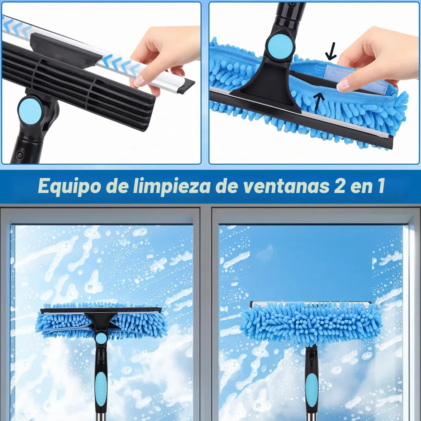 4.3m Limpiador de Ventanas Extensible, Equipo de Limpieza de Ventanas 2 en 1, Herramienta telescópica de Limpieza de Ventanas largas para Ventanas Altas de Vidrio de Coche, con 2 paños de
