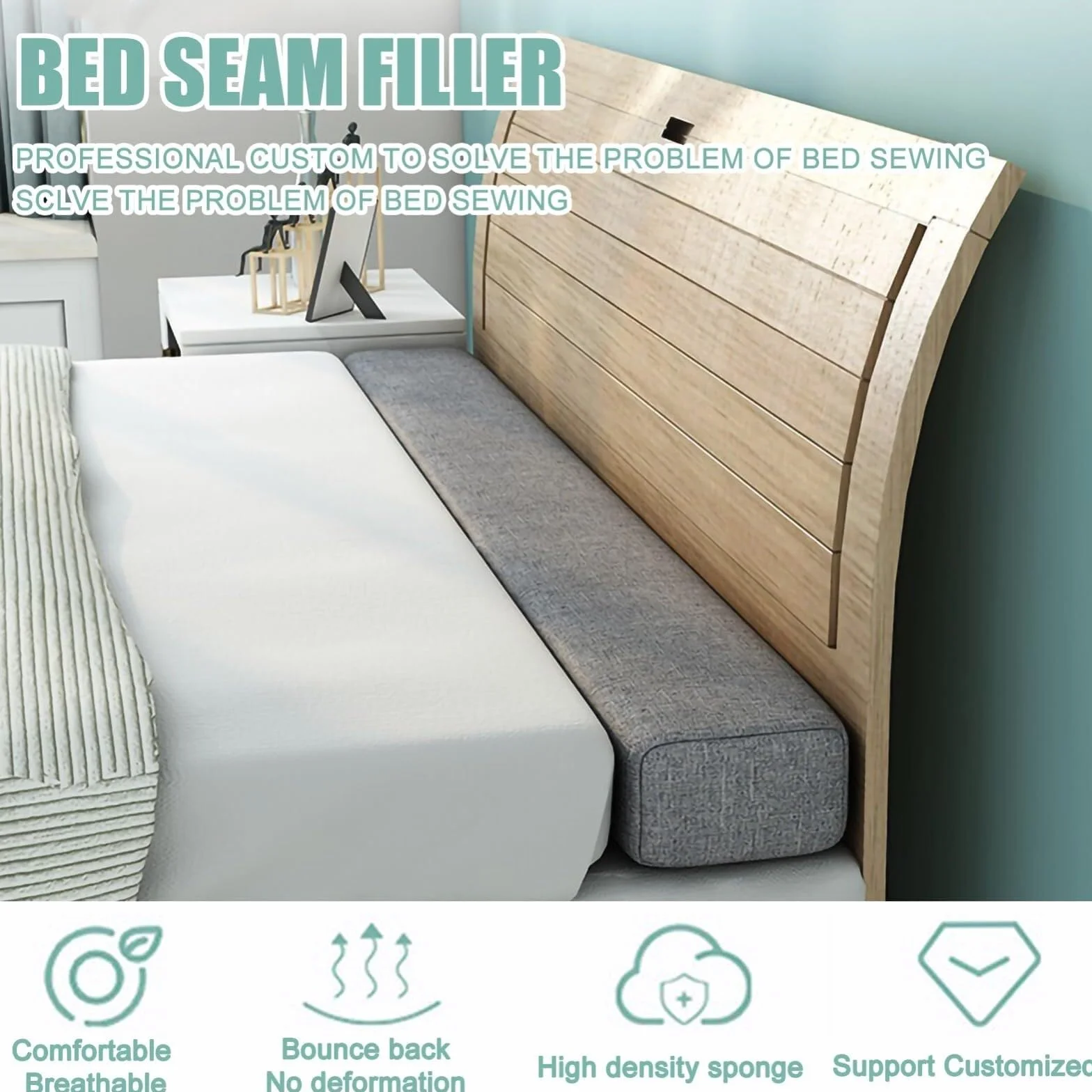 Relleno De Cuña De Tamaño Personalizado, Relleno De Espacio De Cama Largo para Cama Individual/Doble/King, Esponja 45D De Alta Densidad, Funda Extraíble Y Lavable