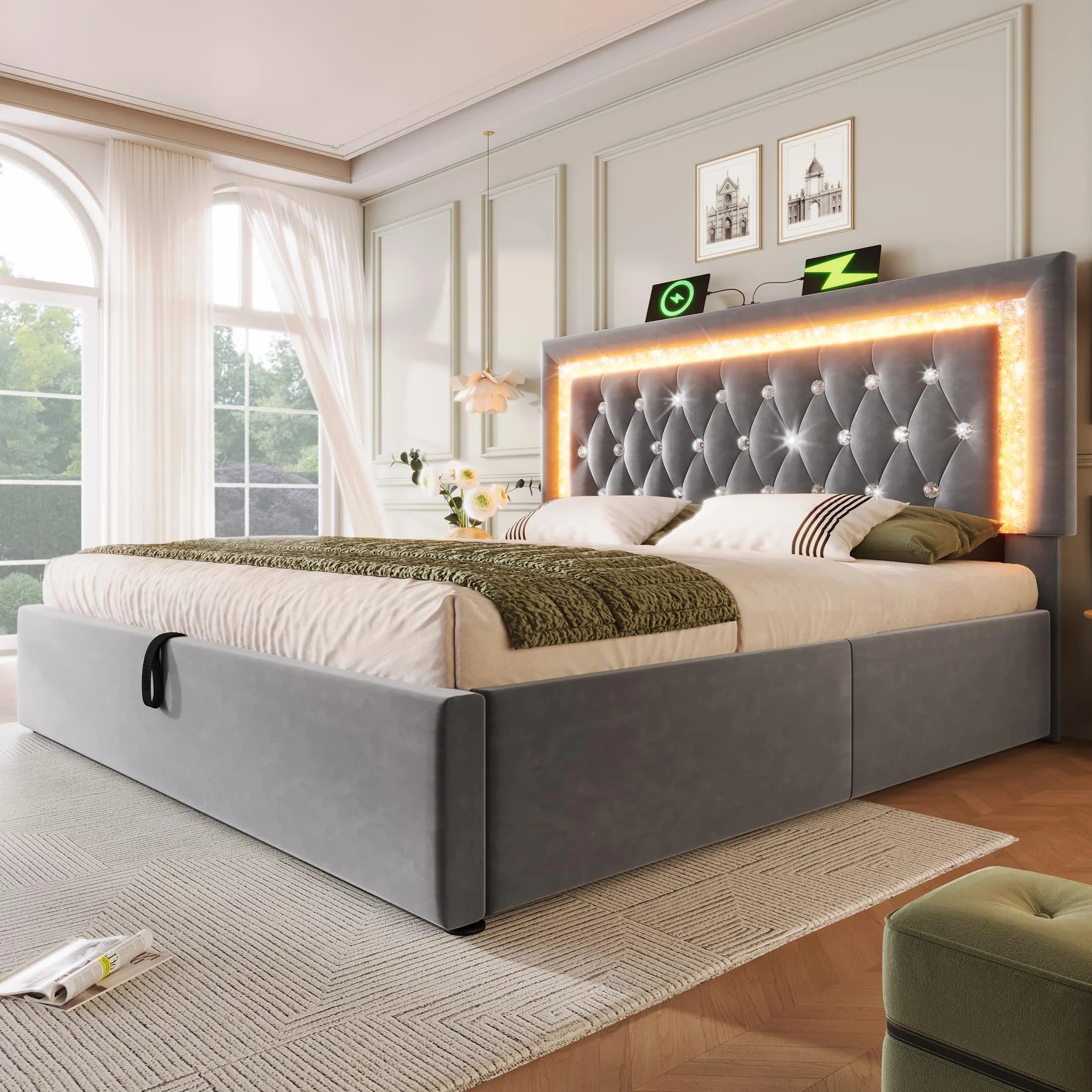 Cama Tapizada Matrimonio 140x200 cm con Cabecero LED y Carga USB, Camas Juveniles con Almacenaje Hidráulico, Camas Matrimoniales con Lamas de Madera, Terciopelo, Sin Colchón, Gris