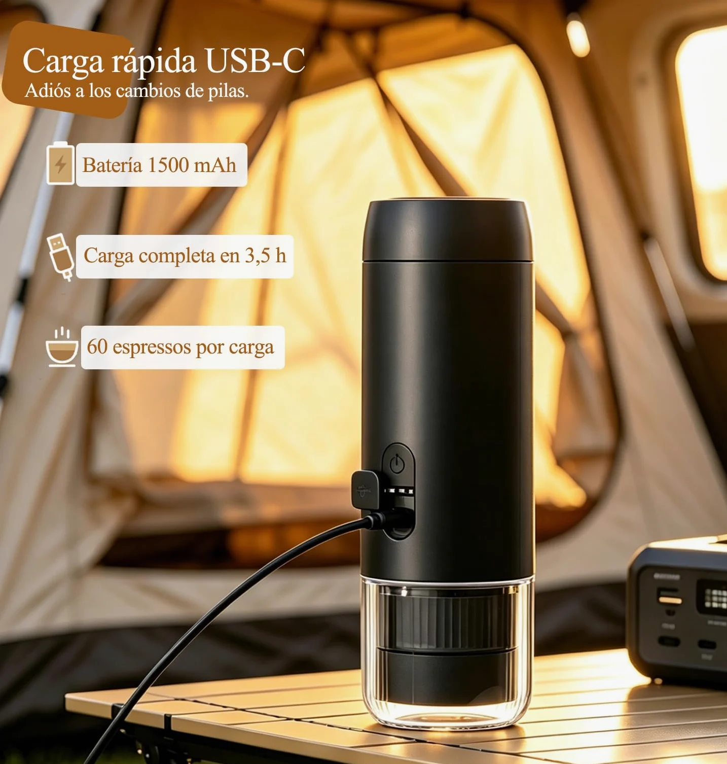 Cafetera espresso eléctrica portátil, para café molido y cápsulas | Cafetera de viaje 2 en 1, presión 20 bares, recarga USB-C, diseño compacto, para camping, coche y picnic