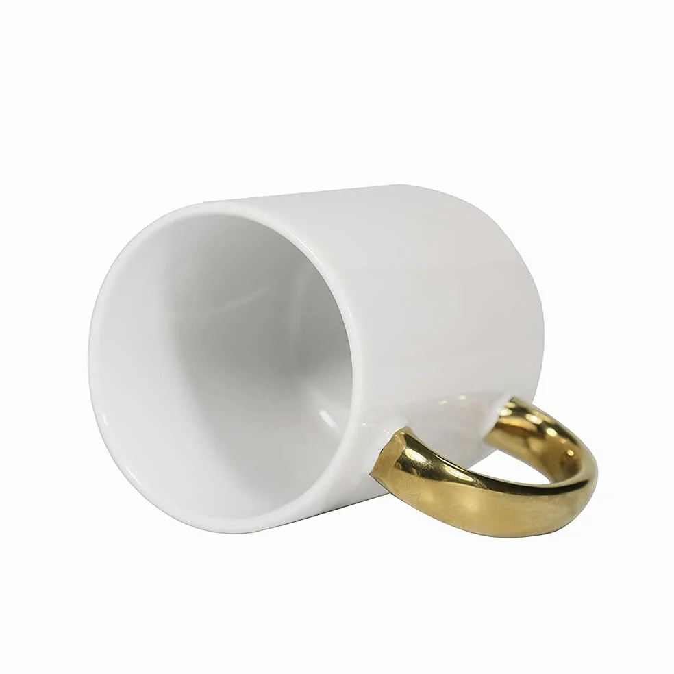 MR.R Grade AAA Sublimation Blanks Lavavajillas Tazas de café de cerámica blanca con mango dorado 11 oz Taza de bebida clásica de cerámica en blanco para té con leche Cola Agua Juego de 6