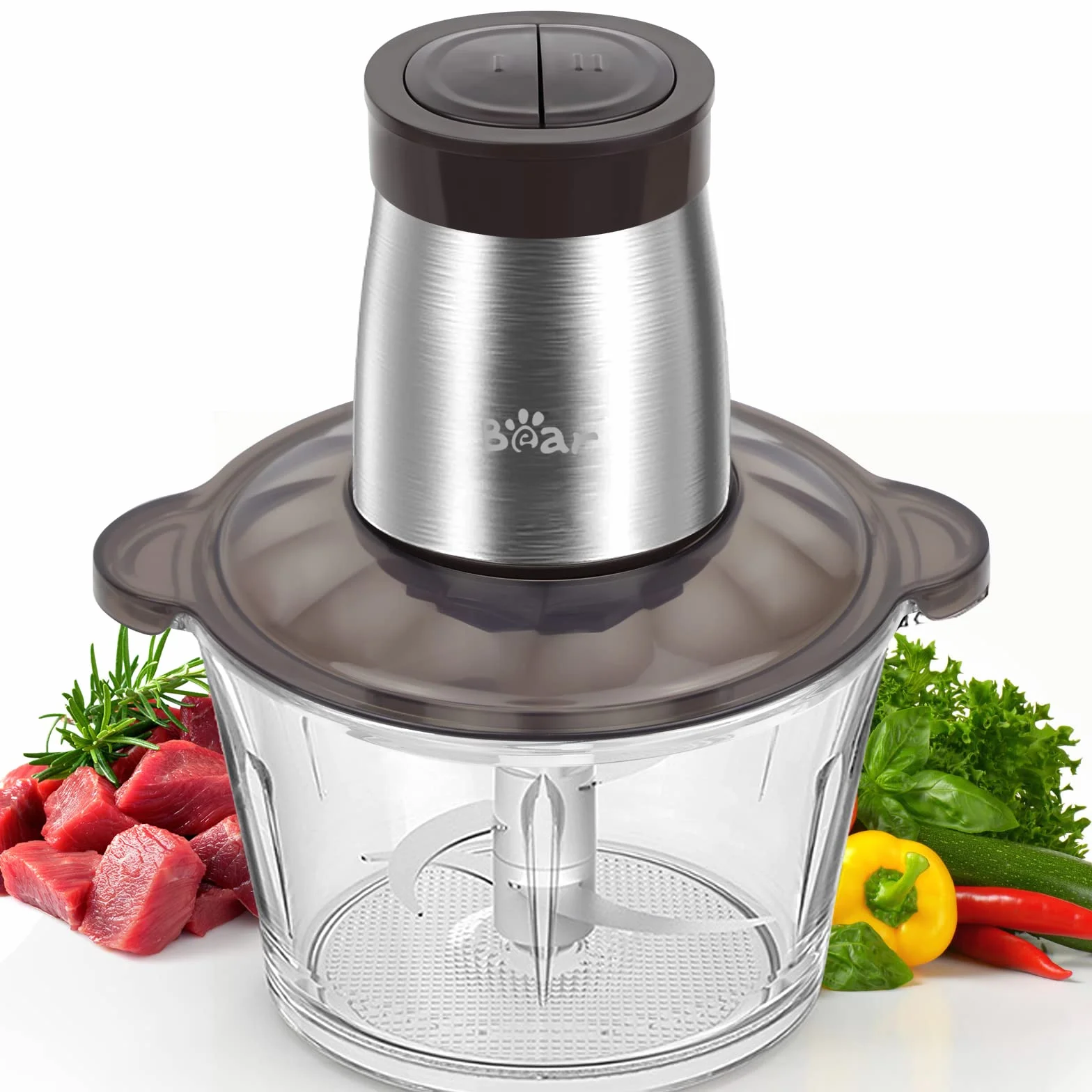 Bear 2L Vidrio Picadora De Alimentos, Función Pulso Con Una Mano,2600r/Min,2 Velocidades, Trituradora Con 4 Cuchillas De Acero Inoxidable, Picadora De Cocina Para Carne, Verduras,Cebolla Y Frutas