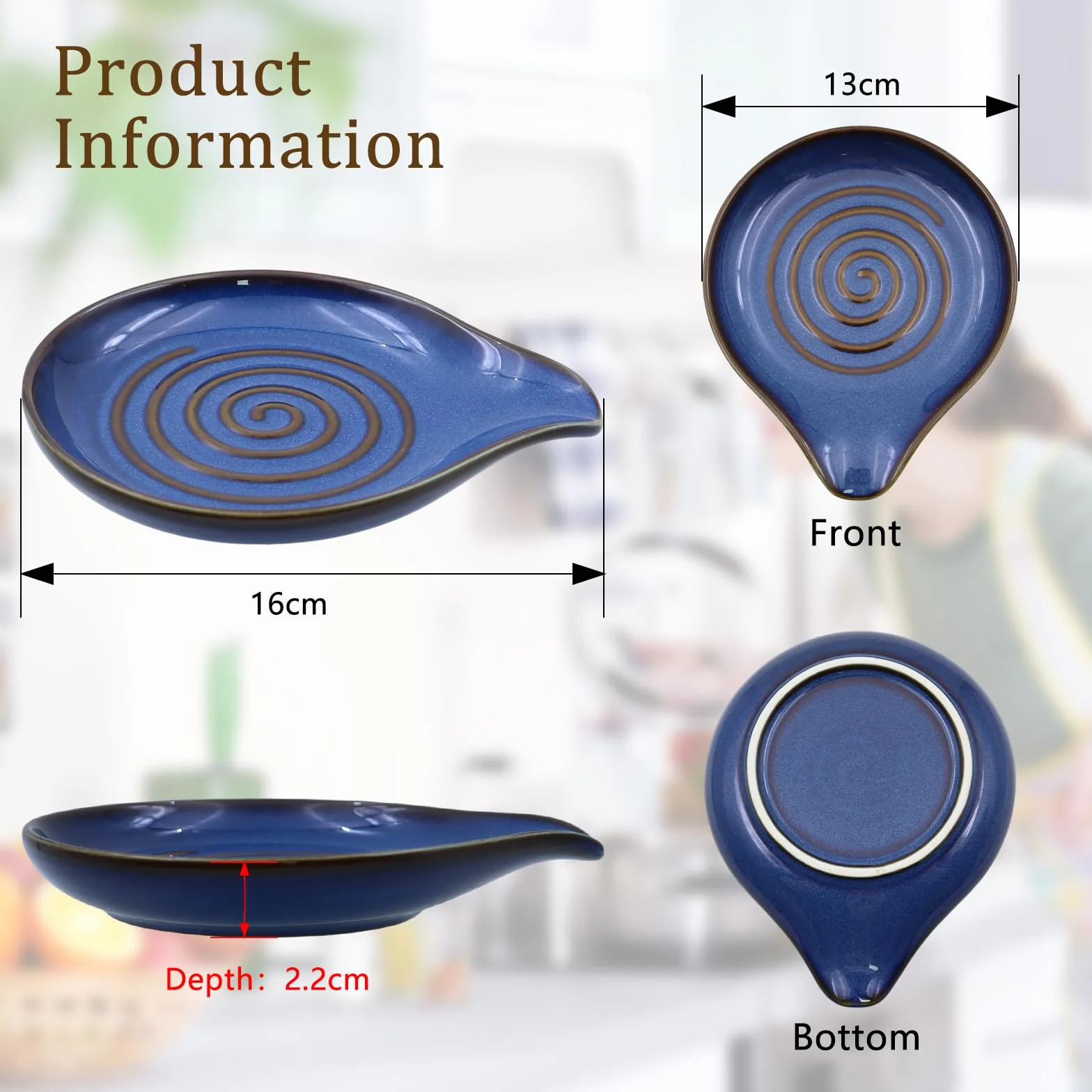 2 Piezas Reposa Cucharas Cocina Cerámica Apoya Cucharas Cocina con Patrón en Espiral Natural Azul Soporte de Cuchara de Cerámica Reposacucharas para Cucharas Espátulas Apto para Lavavajillas