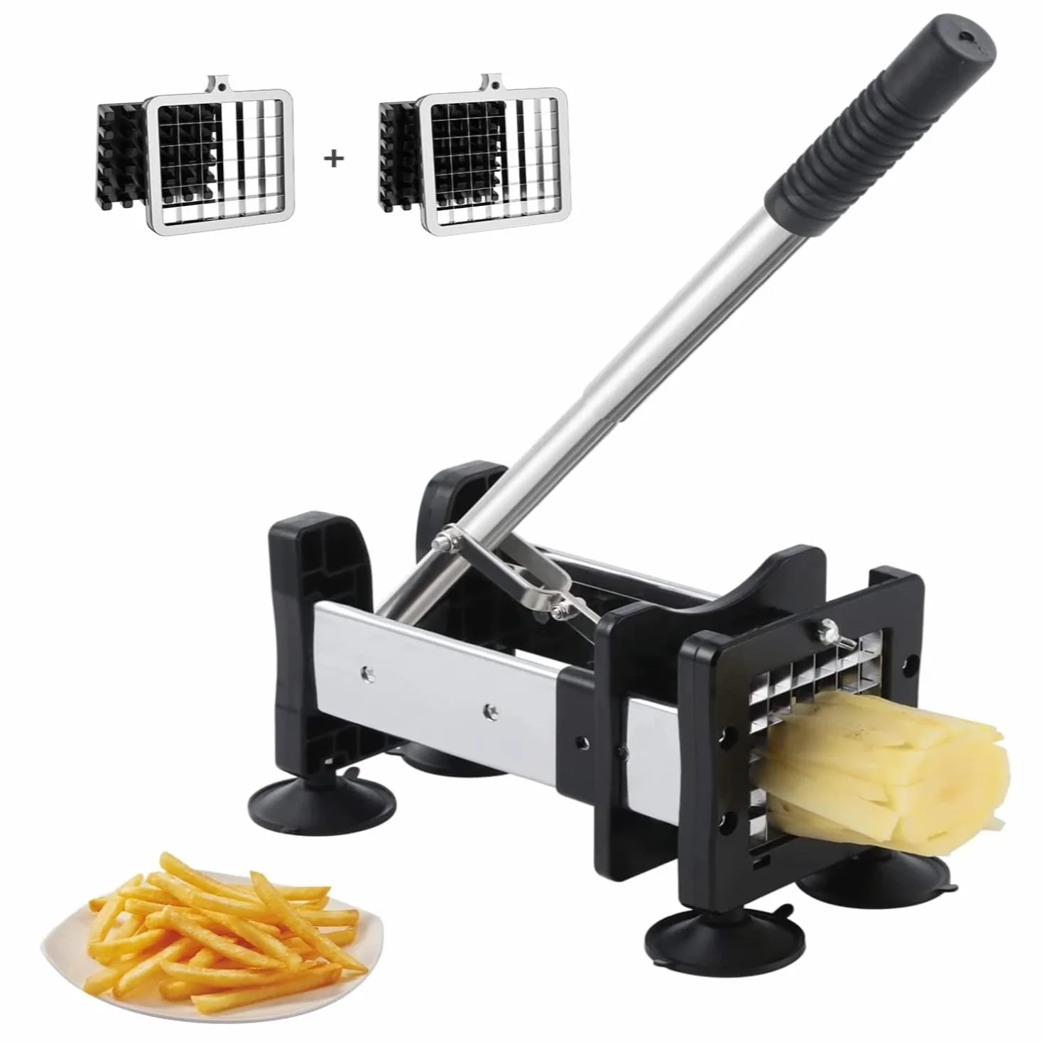 Cortador de Patatas, Patatas Fritas con 2 cuchillas de repuesto afiladas de acero inoxidable súper de diferentes tamaños y pies antideslizantes, perfecto para papas, zanahorias y pepinos