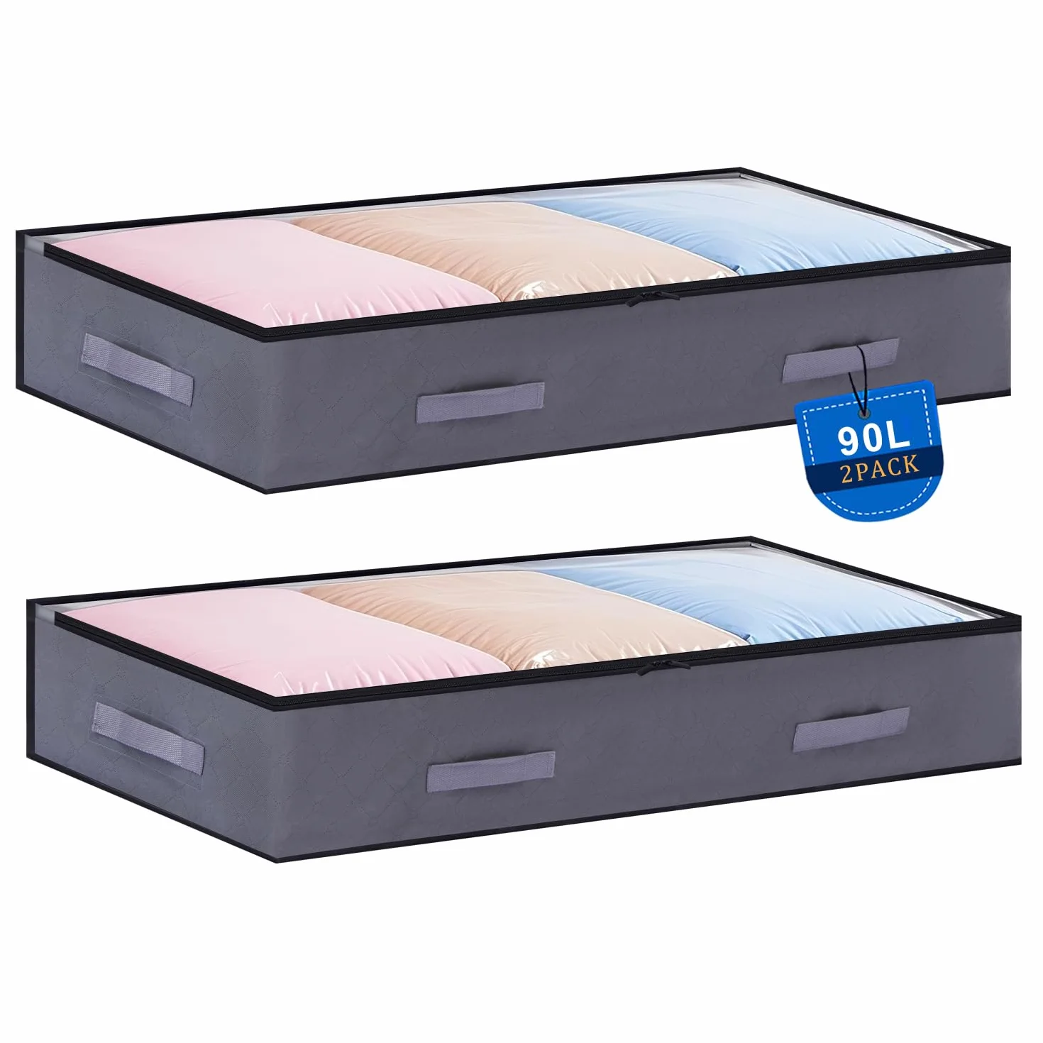 2PCS 90L Bolsas Almacenaje Ropa Debajo de la Cama, Bolsa Almacenamiento Plegable con Ventana Transparente, Organizador Armario para Abrigos Mantas Edredones, 100x50x18 cm | Organizadores de armario con ventana transparente, para edredón, manta, ropa, colo
