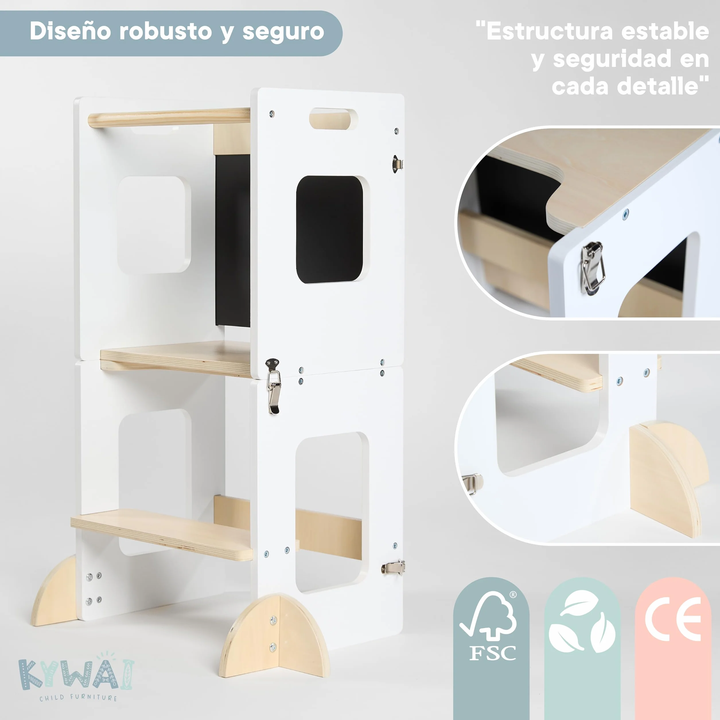 Torre de Aprendizaje Plegable Montessori Premium 3 en 1 Convertible en Escritorio con Pizarra