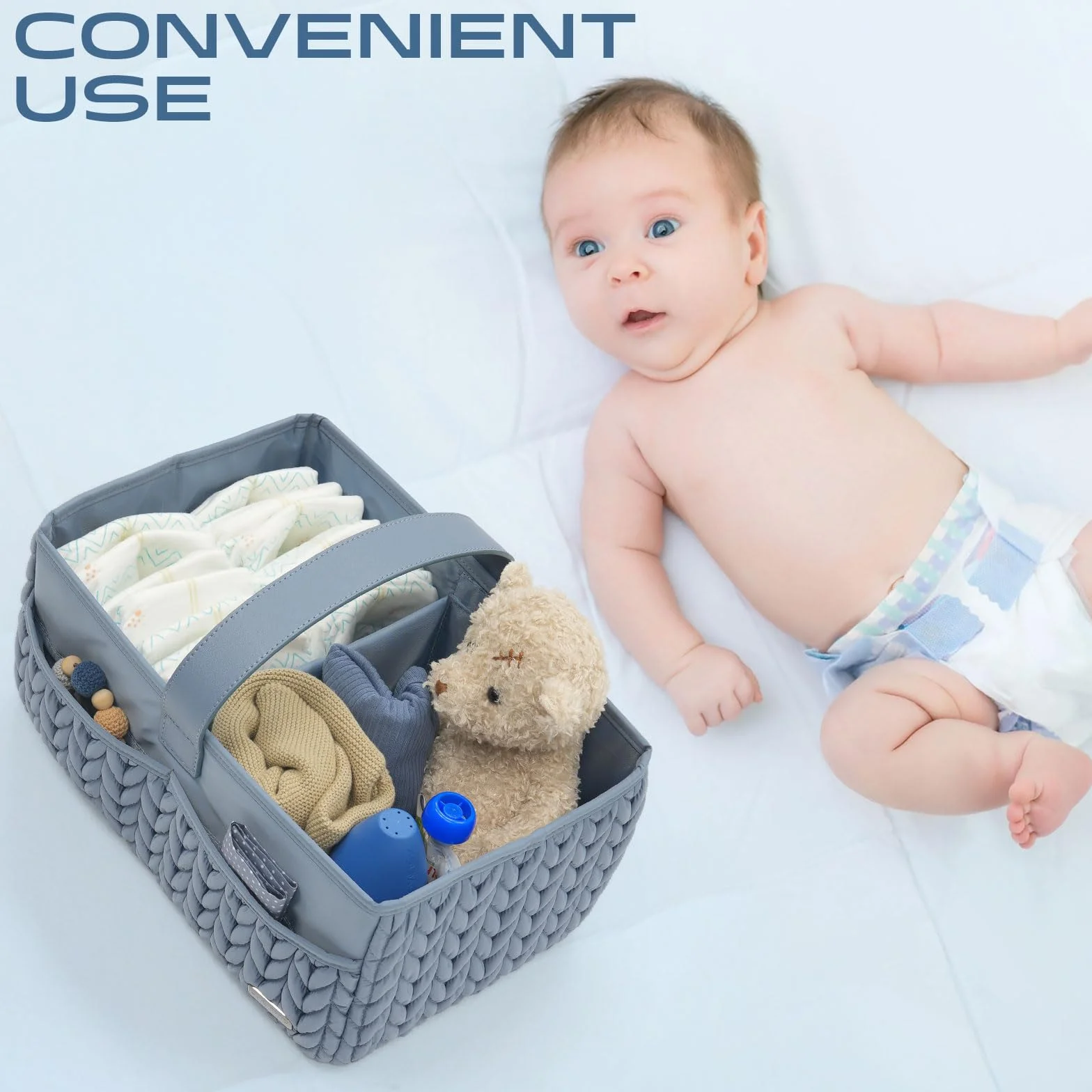 Organizador de pañales cesta almacenamiento portátil para recién nacidos baby shower azul ceniza