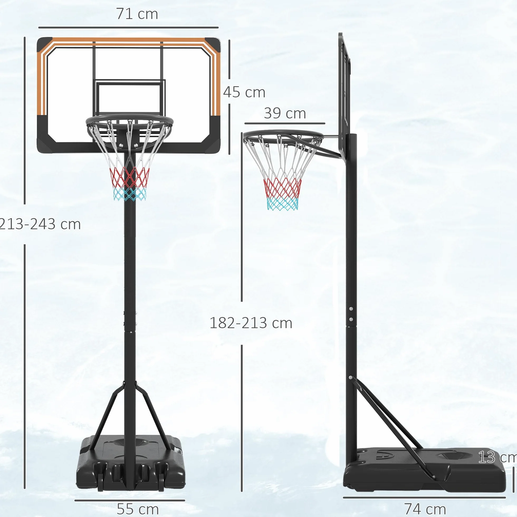 SPORTNOW Canasta de Baloncesto Exterior Altura Ajustable 182-213 cm Aro con Soporte Ruedas Base Rellenable Negro