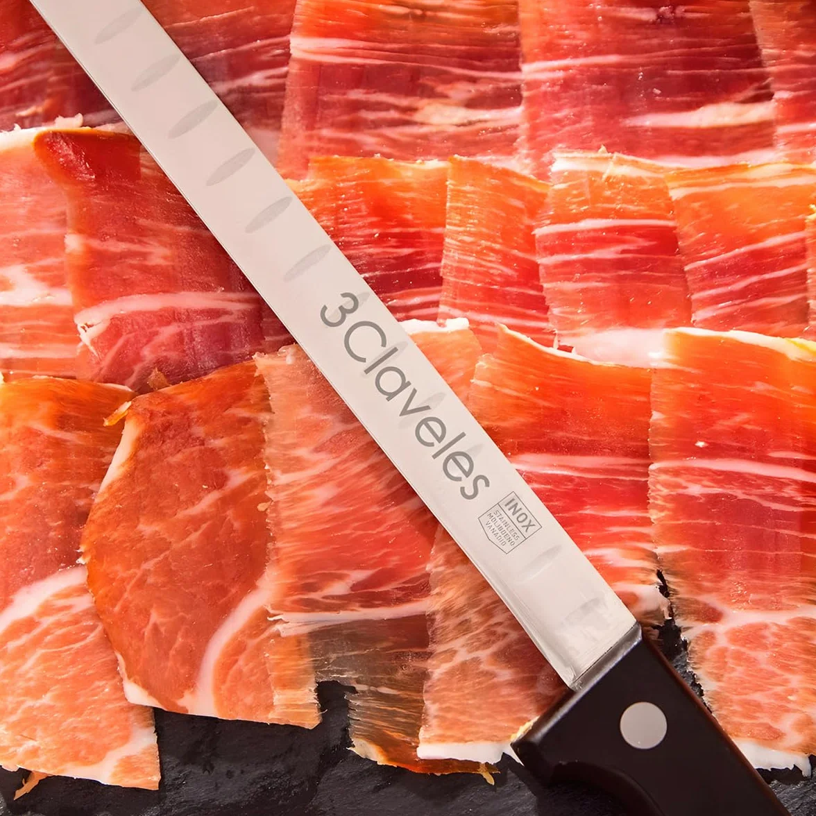PracticDomus 3 Claveles Cuchillo Jamonero Estrecho, Alveolado, Acero Inoxidable, Mango Pom Negro, 29 cm