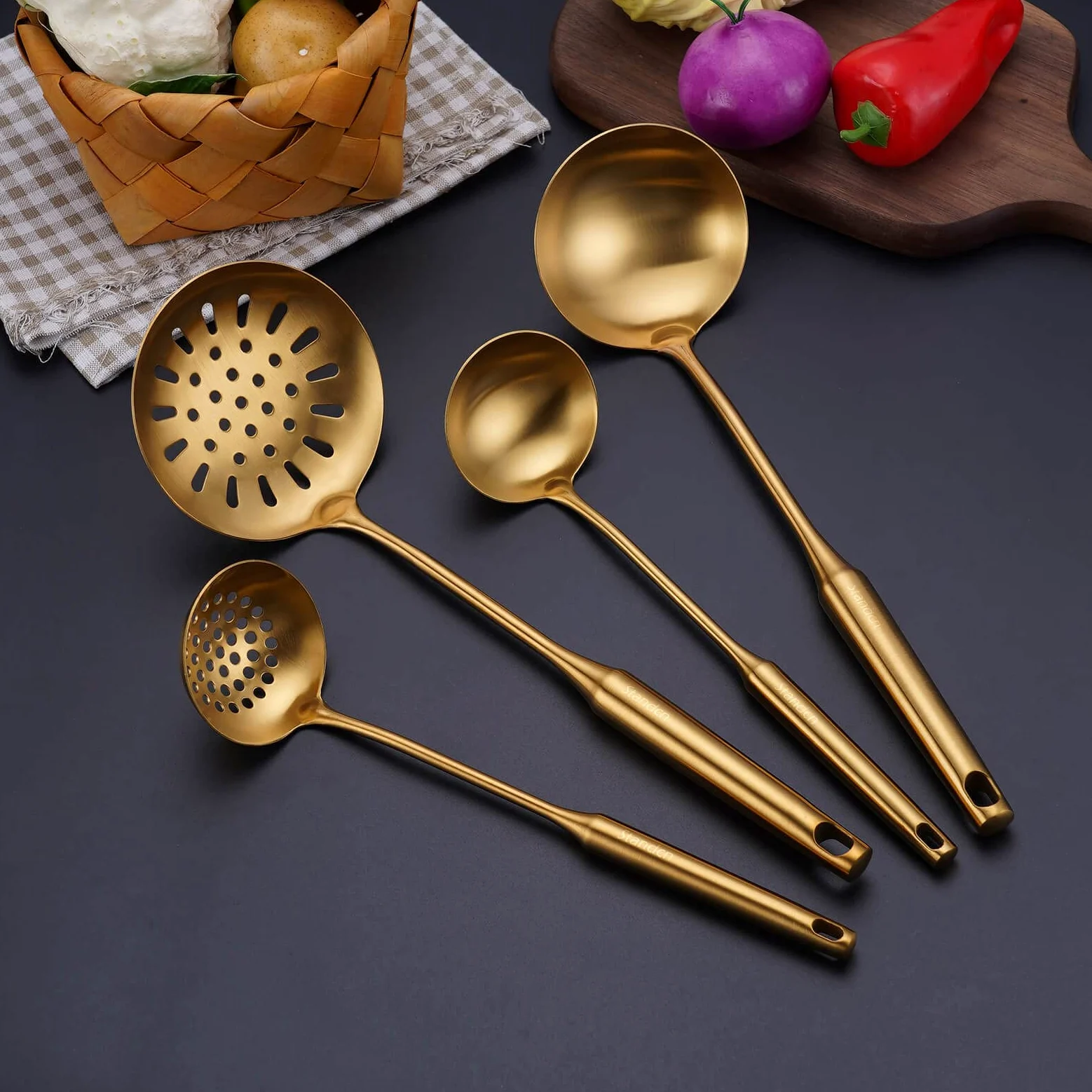 Juego de utensilios de cocina dorados, 8 piezas de acero inoxidable 304, herramientas de cocina totalmente metálicas, espátula, cucharón de sopa, skimmer, espátula ranurada, servidor de espagueti