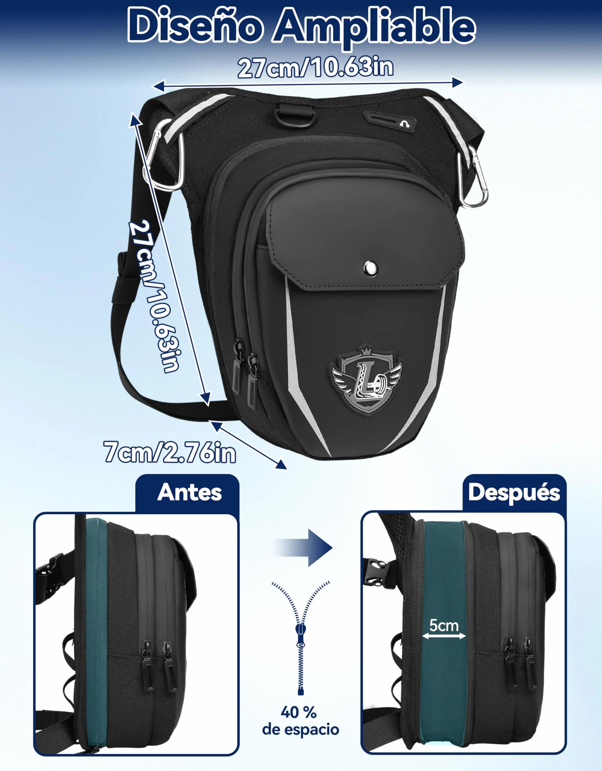 Leathario Riñonera Pierna Impermeable Multifunción Moto con Correas Ajustables y Mosquetones Negro