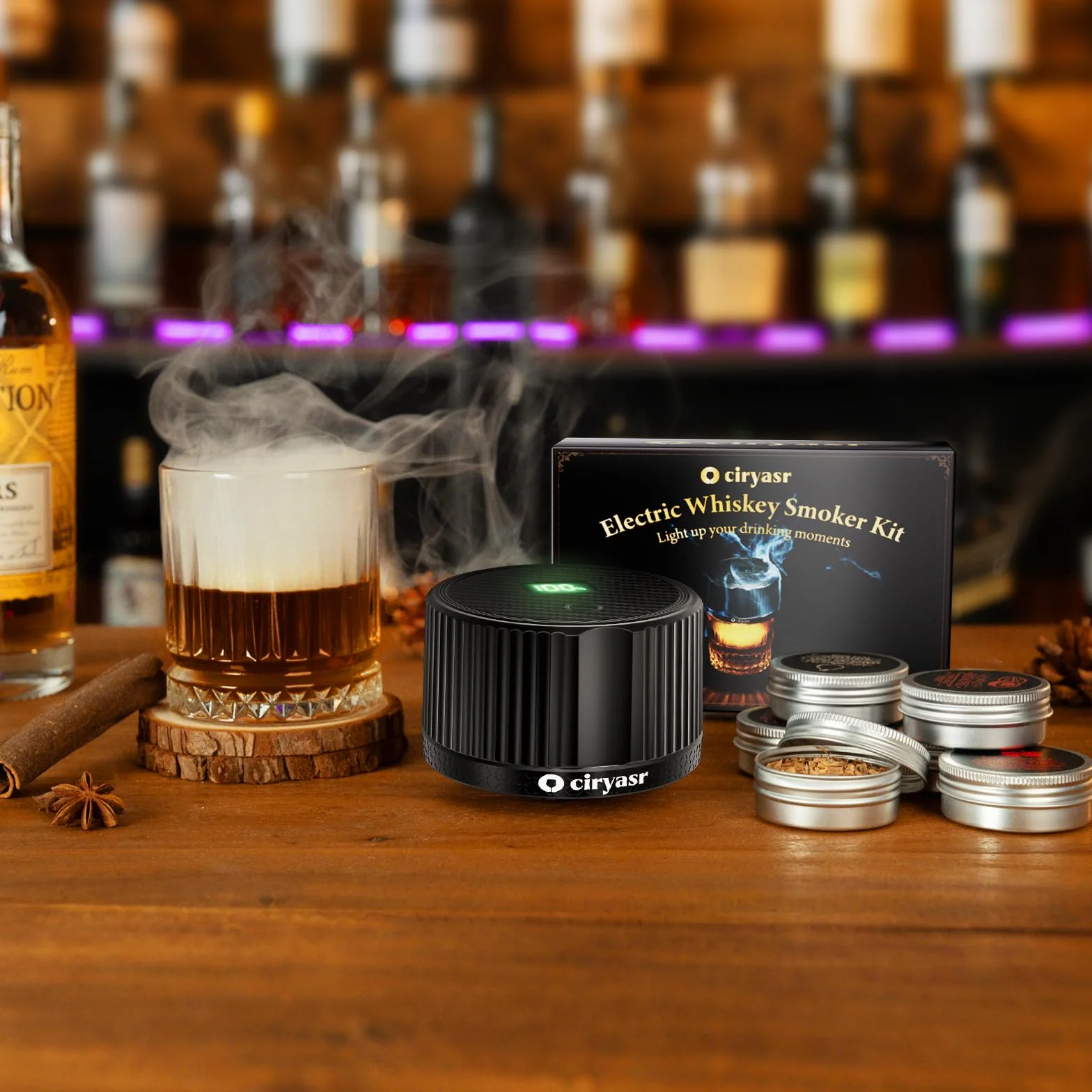 Kit de ahumador de Whisky, Kit de Ahumador de Cóctel con 6 sabores Chips de Madera, 6 Modos de luz, Recargable, Kit de ahumador de Bebidas Antiguas,Regalo para Padres, Esposos y Amantes Los Cócteles