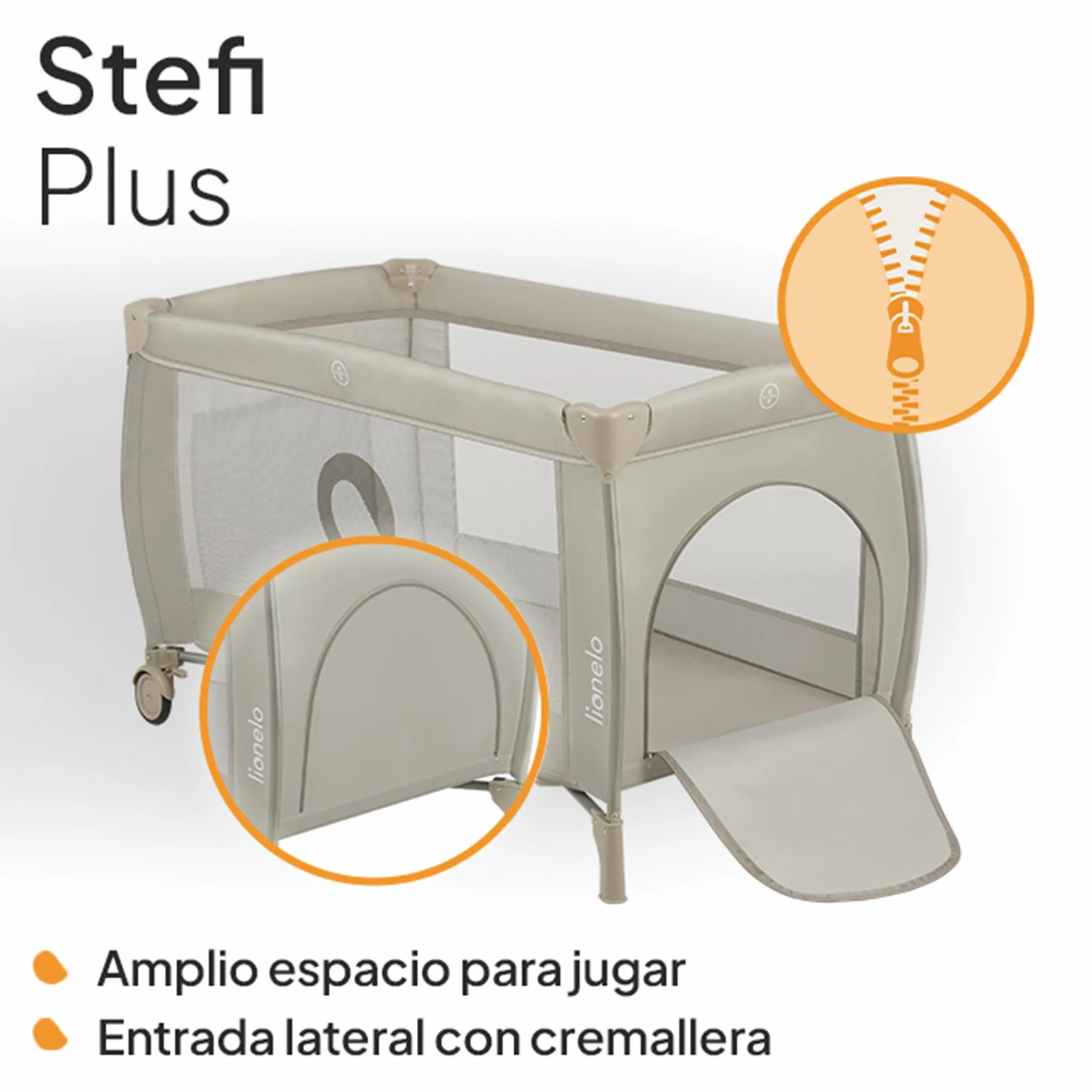 LIONELO Stefi Plus Cuna de Viaje Bebé Puerta Lateral Colchón Espuma T25 Premium Plegado Rápido Bolsa Transporte Ruedas Beige