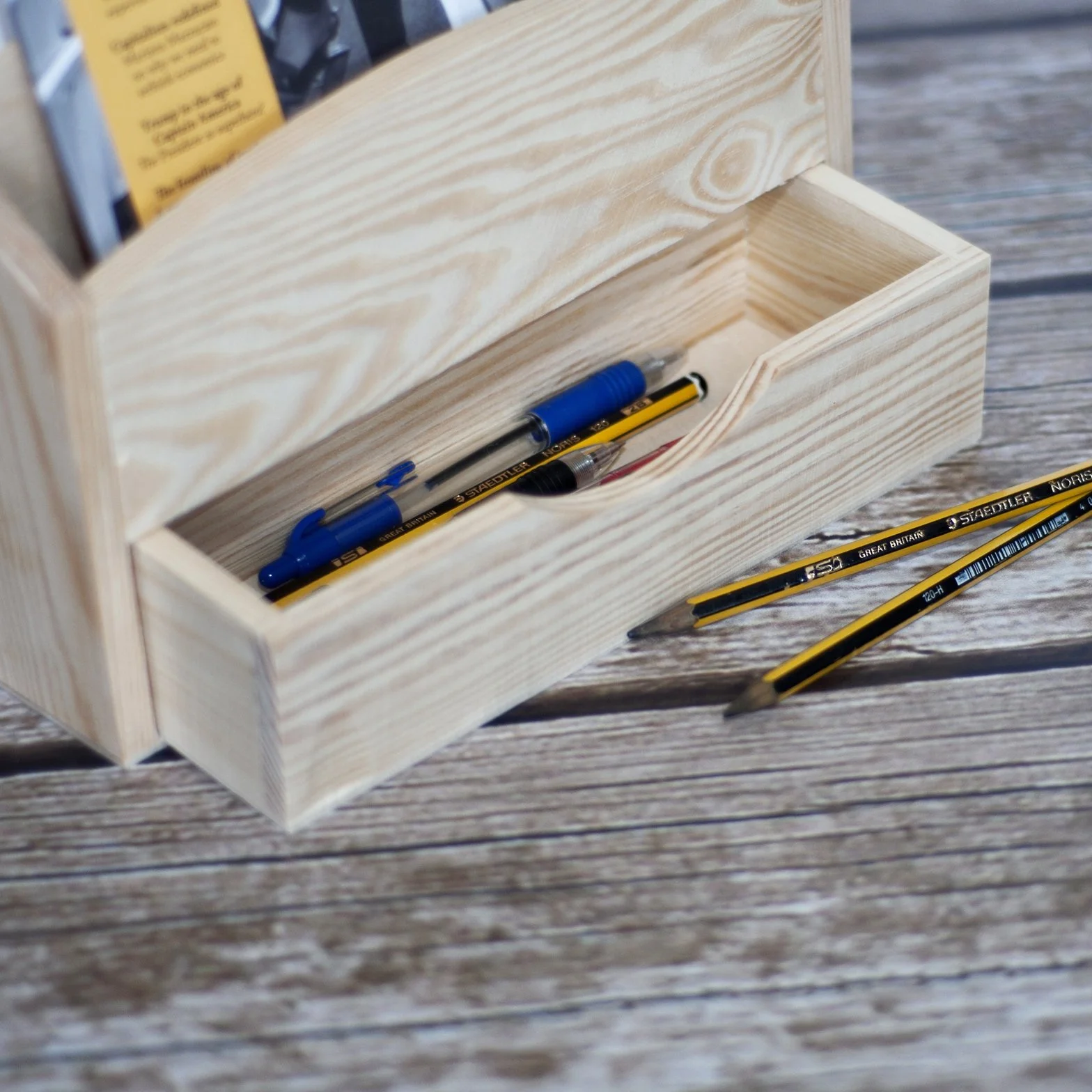 Creative Deco Organizador Escritorio Madera | 2 Compartimentos y Cajón | 25 x 10 x 20,5 cm | Clasificador Documentos Cartas Papeles | Perfecto para Decoupage y Decoración