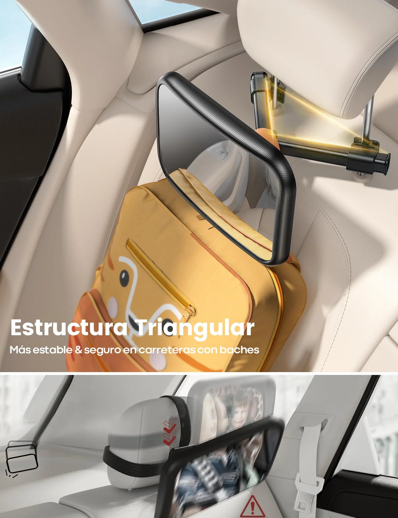 Lamicall Espejo retrovisor para niños – [2025 gancho triangular] 100% irrompible, rotación 360° y 45° inclinable, con 175° visión clara, espejo coche bebé asiento trasero súper estable