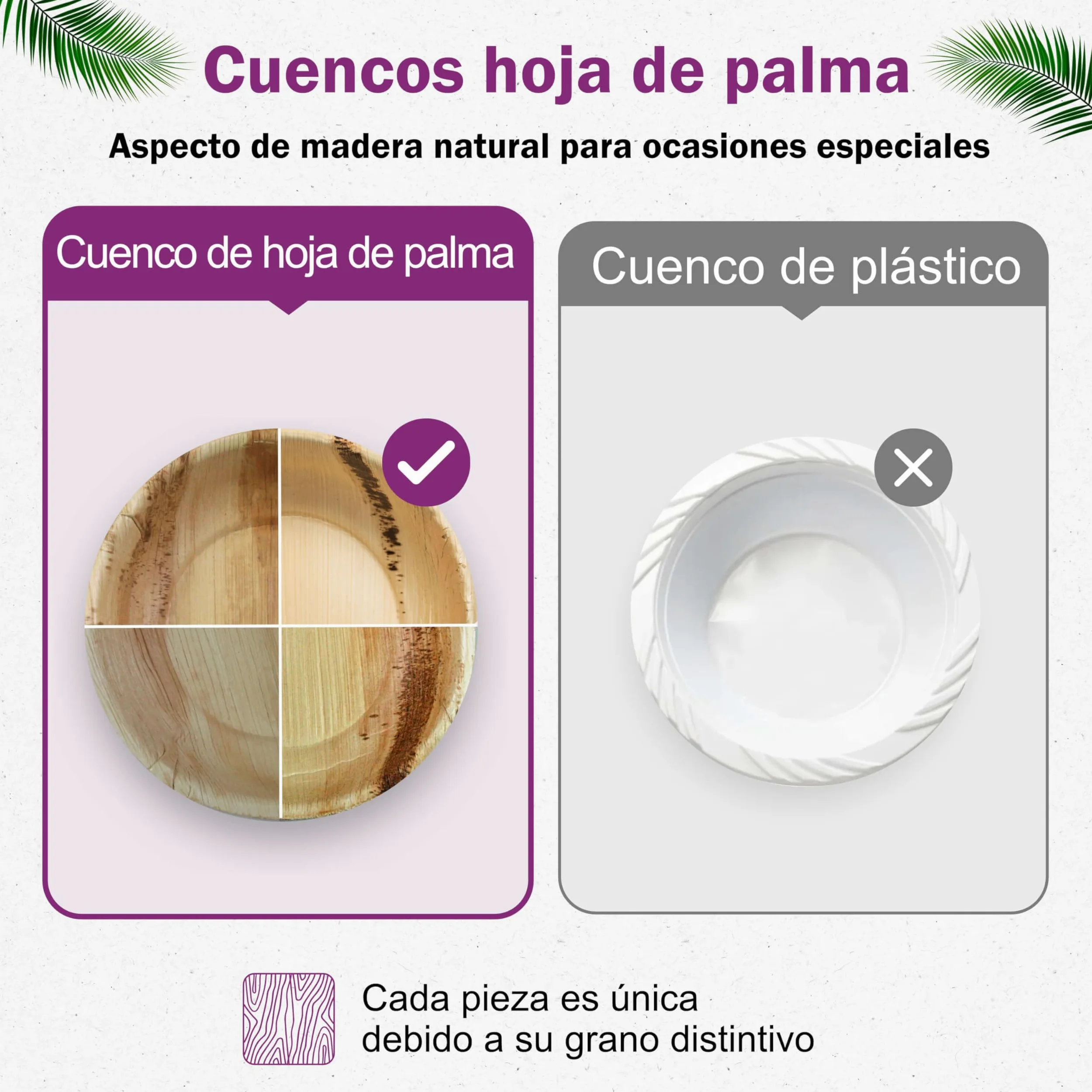 Vajilla Desechable de Hoja de Palma Orgánicos - 25 pz. Cunecos Ø 15 cm/ 500 ml y 25 Platos Cuadrados 25x25 cm