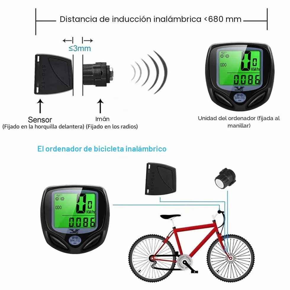 Velocímetro de bicicleta inalámbrico impermeable con odómetro multifunción LCD retroiluminado