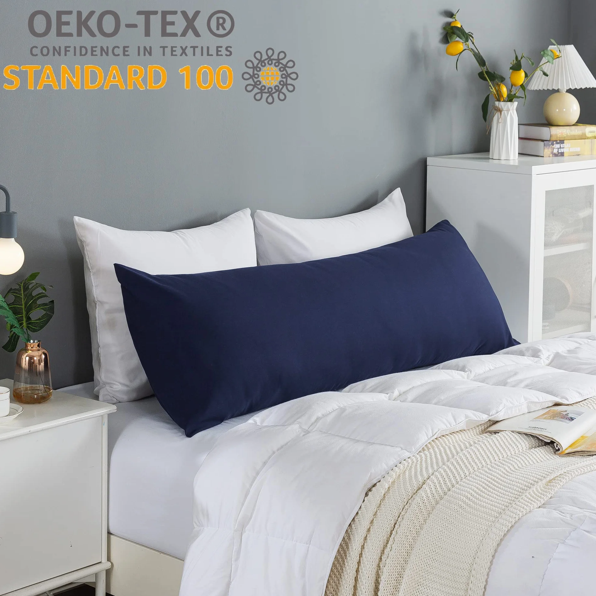 ELNIDO QUEEN Almohada Corporal con Funda de Almohada, Almohada Larga Suave para Adultos, Inserto de Almohada Transpirable de Cuerpo Completo para Dormir, 20 x 54 Pulgadas, Azul Marino