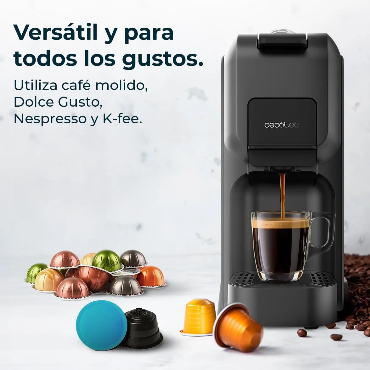Cecotec Cafetera Cápsulas Express Compacta FreeStyle Compact Black. 1350W, 20 Bares, Apta para Café Molido, Dolce Gusto, Nespresso y K-fee, Depósito Extraíble de 800ml, Apagado Automático