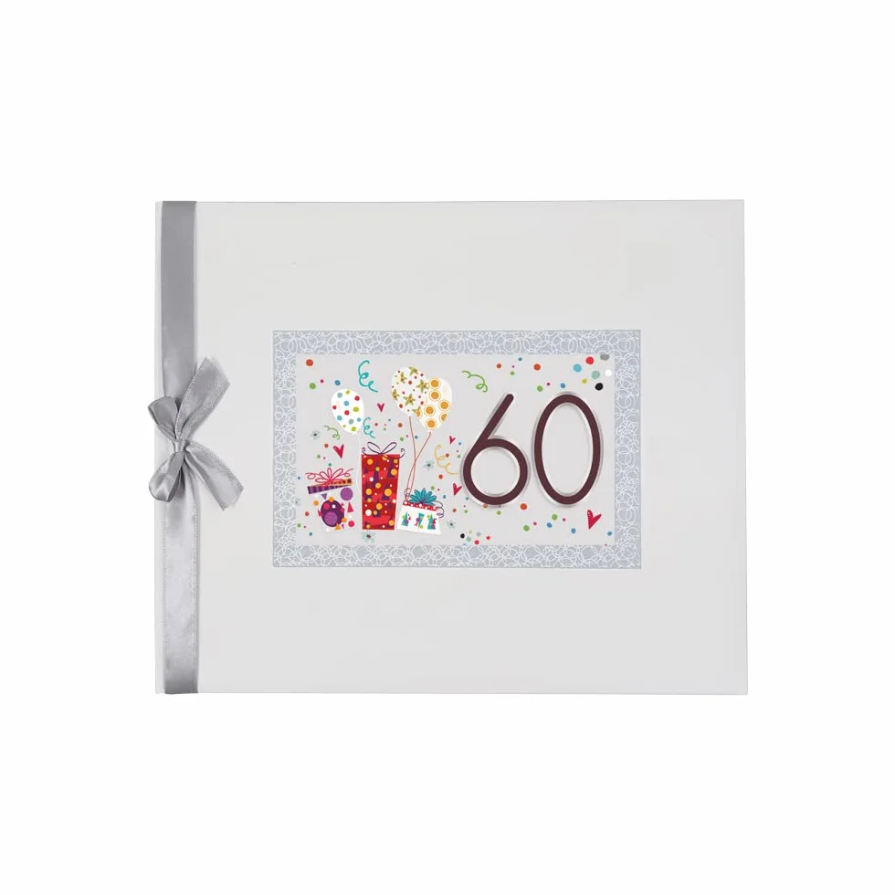 Libro de Firmas 60 Cumpleaños – Tapa Dura con Lazo de Raso | Papel Grueso 160g | 64 Páginas para Mensajes, Fotos y Huellas | Recuerdo y Decoración para Fiesta Especial | Arguval