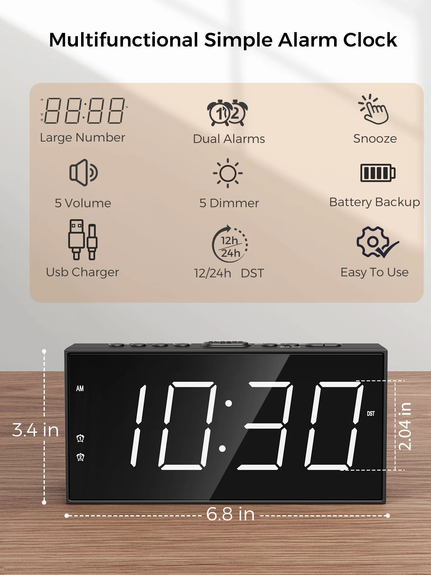 Reloj despertador para dormitorio, 2 relojes despertadores, pantalla grande LED fuerte, reloj con puerto de carga USB, volumen ajustable, regulable, repetición, reloj digital simple para dormir