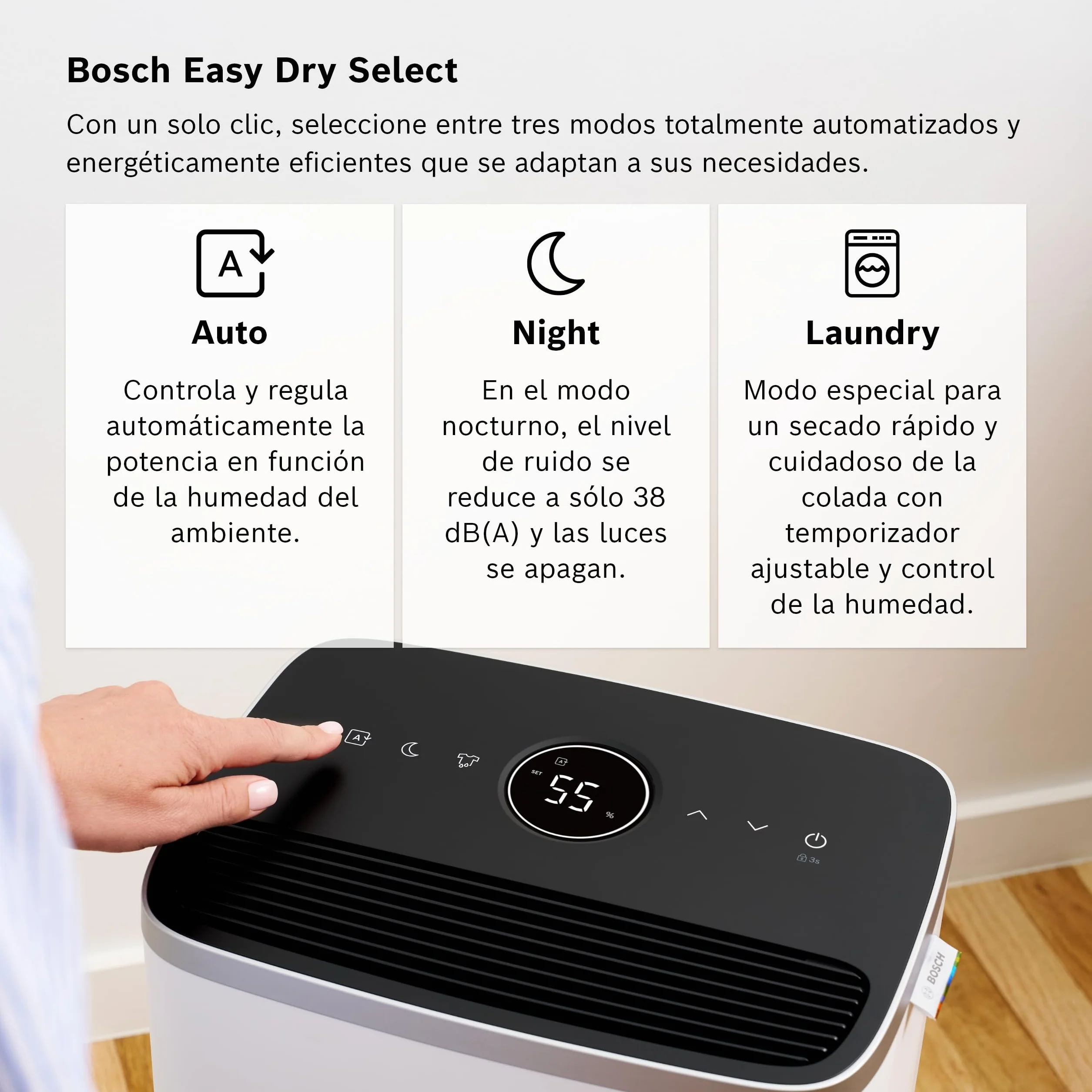 Bosch Deshumidificador Dry 4000 - Fácil. Eficiente. Silencioso. Para tu Hogar y Dormitorio - Para Habitaciones de hasta 33 m² - Secado Rápido para tu Colada