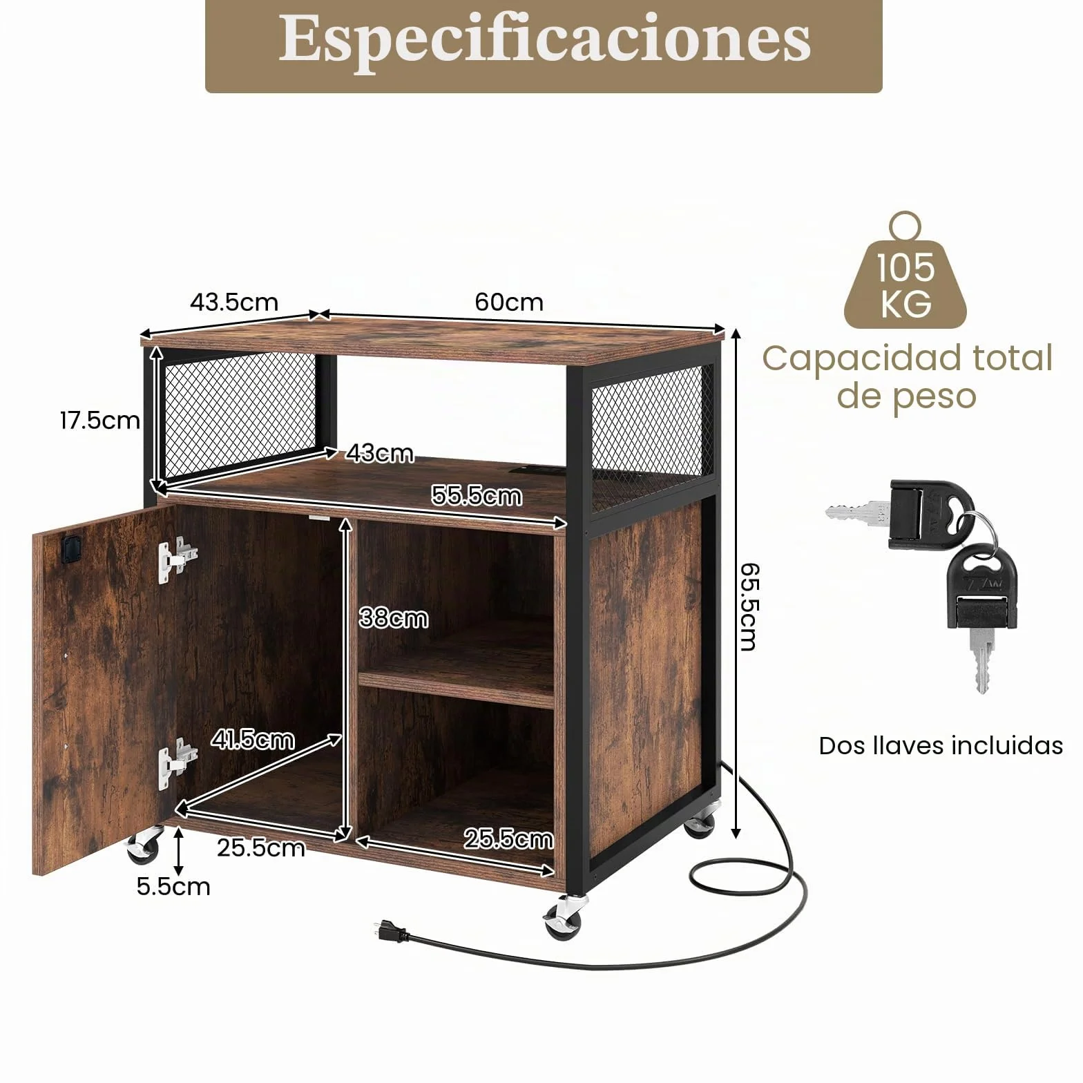 KOMFOTTEU Armario Archivador Móvil con Estación de Carga, Cajonera Escritorio con Ruedas, Mueble Auxiliar con Estantes Abiertos y Armario con Puerta, Soporte para Impresora para Oficina (Marrón)