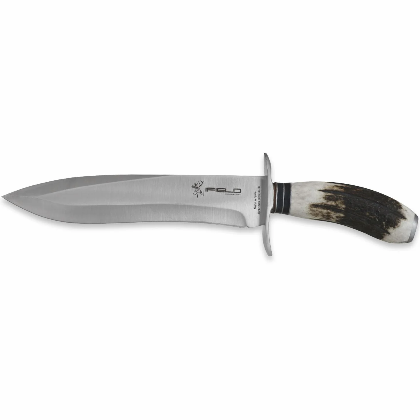 iFIELD Cuchillo de caza Camper EL29012, mango asta de ciervo, 37 cm, hoja 23,5 cm, funda piel marrón