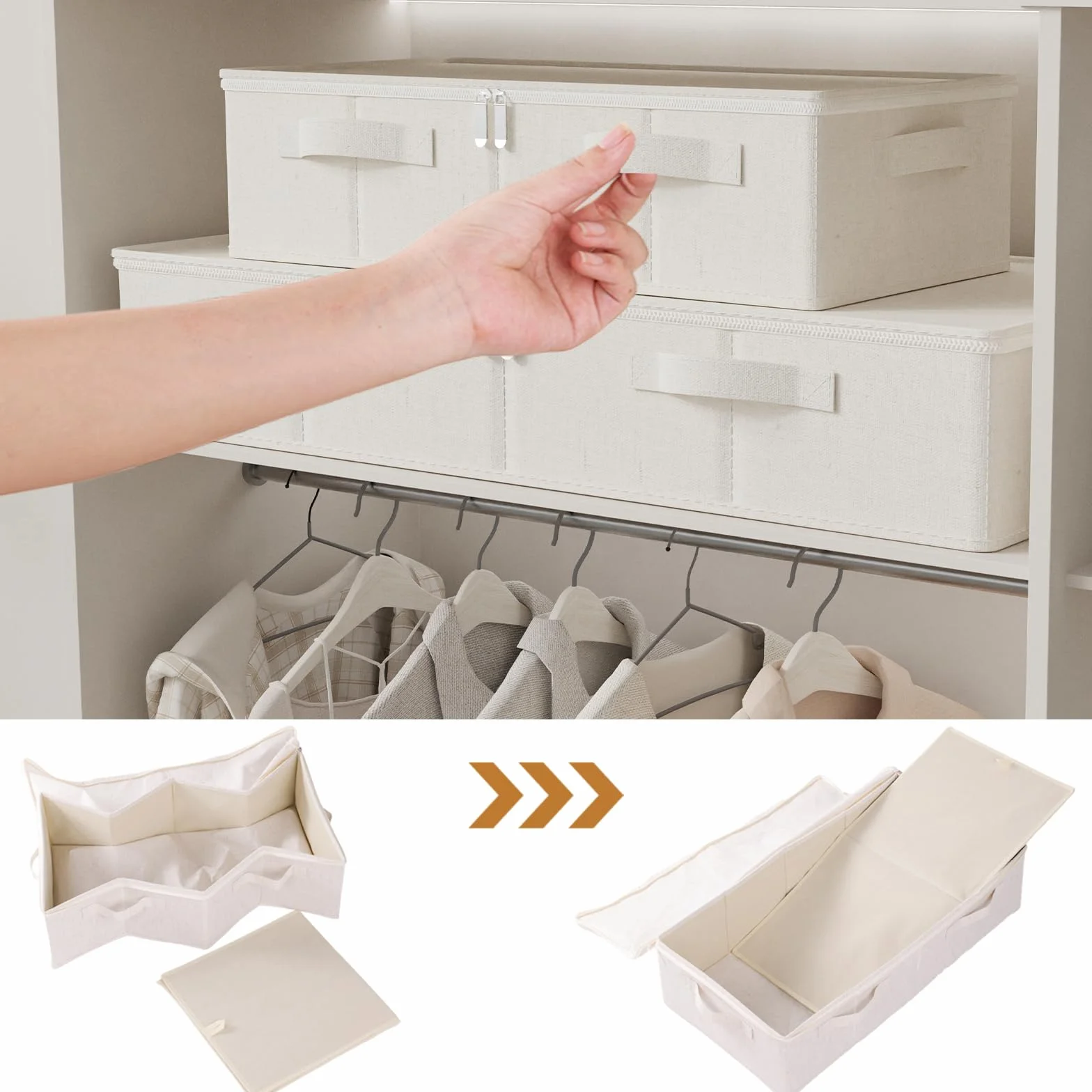 2 Piezas Cajas de Almacenamiento Plegable Bajo la Cama, Organizadora de Almacenamiento de Tejidos con Mango, Para Colchas, Ropa, Mantas y Zapatos, 60×30×15cm, Beige